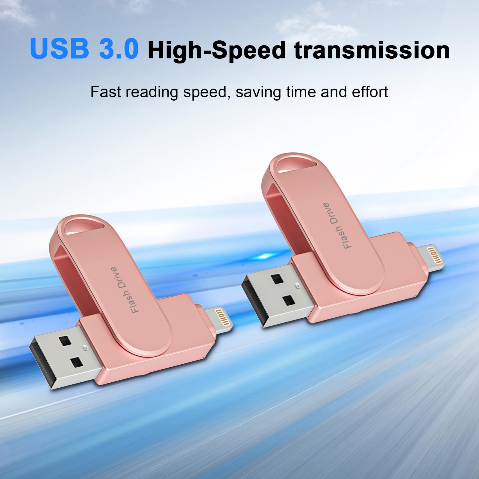 Pendrive 256 GB para iPhone, MFi Certificado por Apple,Xaytrre Memoria USB C,Pen Drive 3.0,Flash Drive Lightning,Memory Stick 3 en 1 para iPhone,OTG Android,Mac,Pc,Rosa Claro