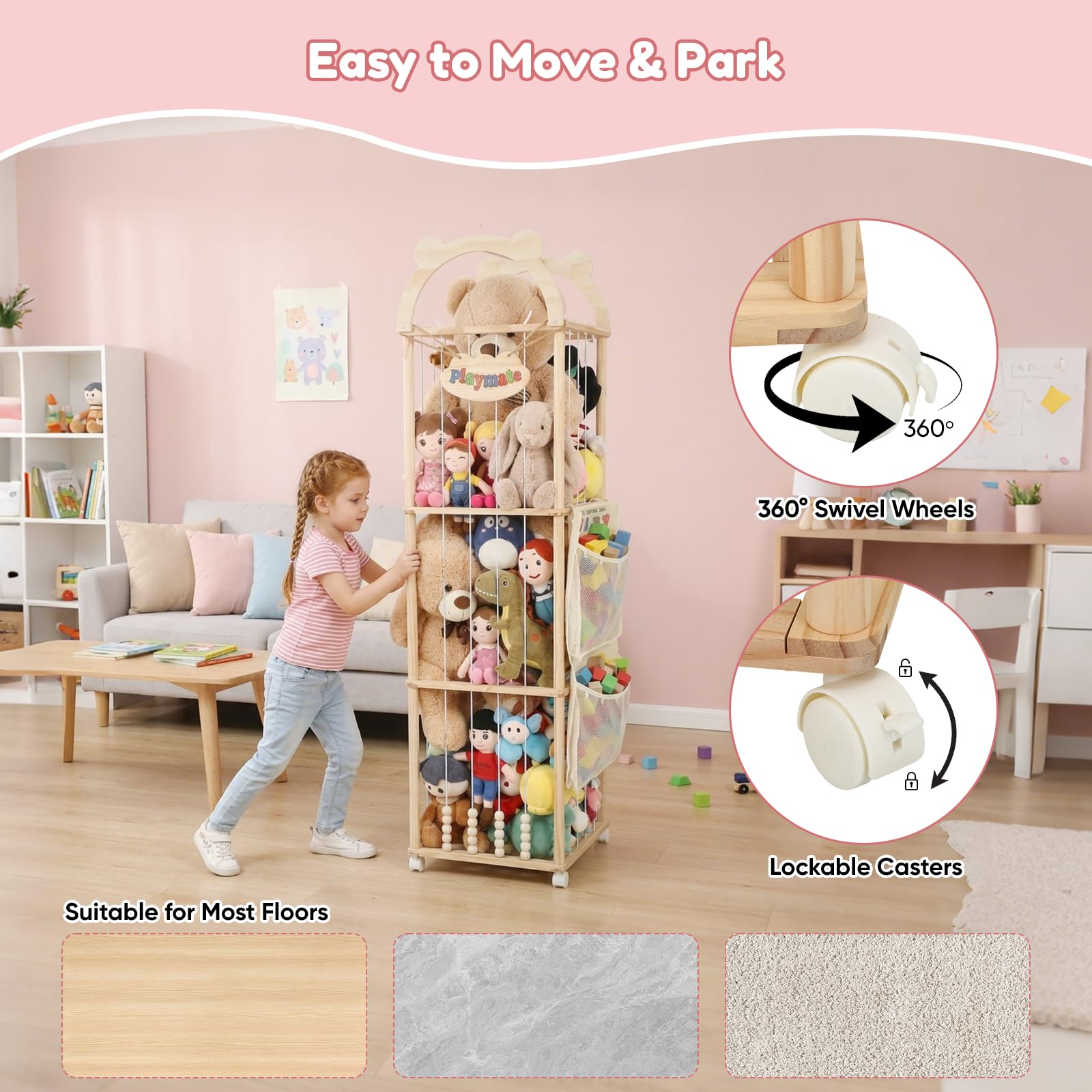 Contenitore per Peluche, 151x46x46CM Organizer per Peluchecon Ruote Girevoli a 360°, Porta Peluche per Cameretta dei Bambini, Soggiorno, Mobili per la Cameretta dei Bambini (Modello a Cupola)