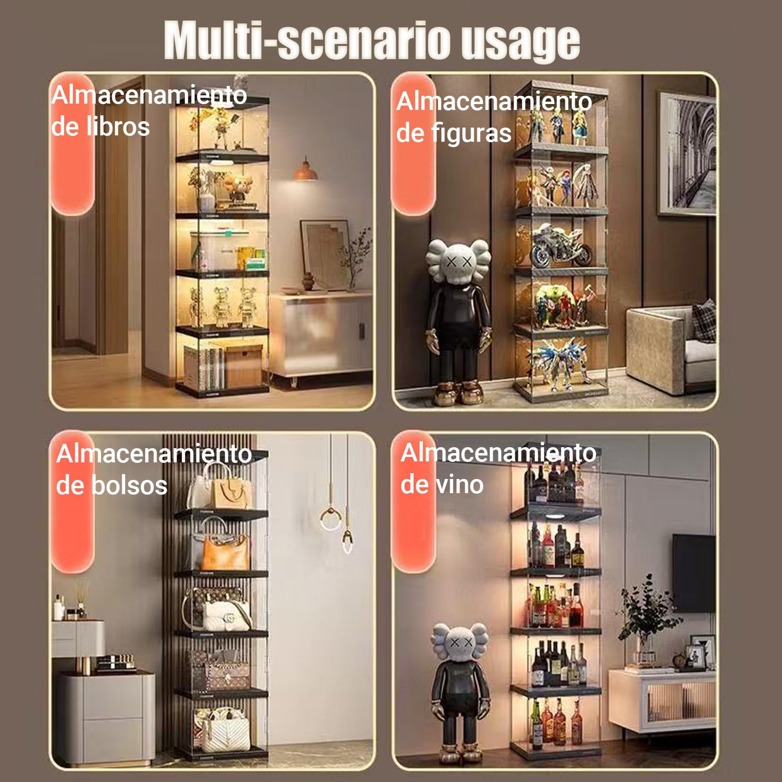 Vitrina de acrílico, Vitrina Cristal con Puerta Magnética,Organizador de Juguetes coleccionables, LED, para Dormitorio, rincón de Lectura, habitación de niños, 6niveles: L×W×H:40*33*184cm
