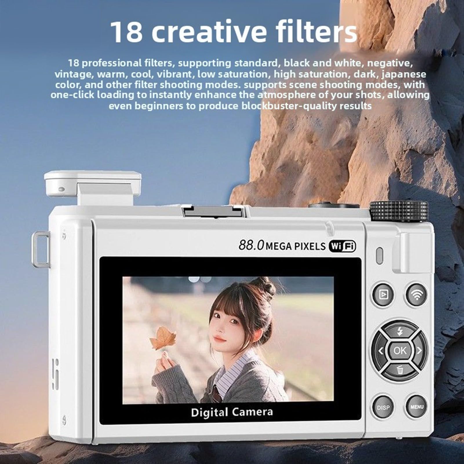 Fotocamera Digitale 8K per Fotografia, Fotocamera per Vlogging WiFi HD da 88 MP, Zoom 18X Messa a Fuoco Automatica Schermo Ribaltabile da 3 Pollici per Vlogging WiFi con Doppia (Bianca)