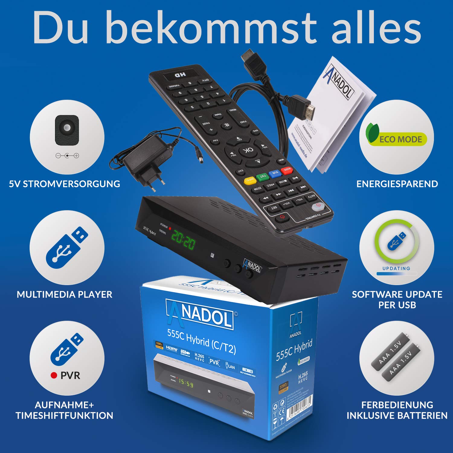 Anadol 555c - Hybrid DVB-T2 / DVB-C HDTV Kabel Receiver - PVR Aufnahmefunktion und Timeshift - Full HD Mediaplayer HDMI + USB - Digitaler Hybrid Receiver - lernbare Fernbedienung