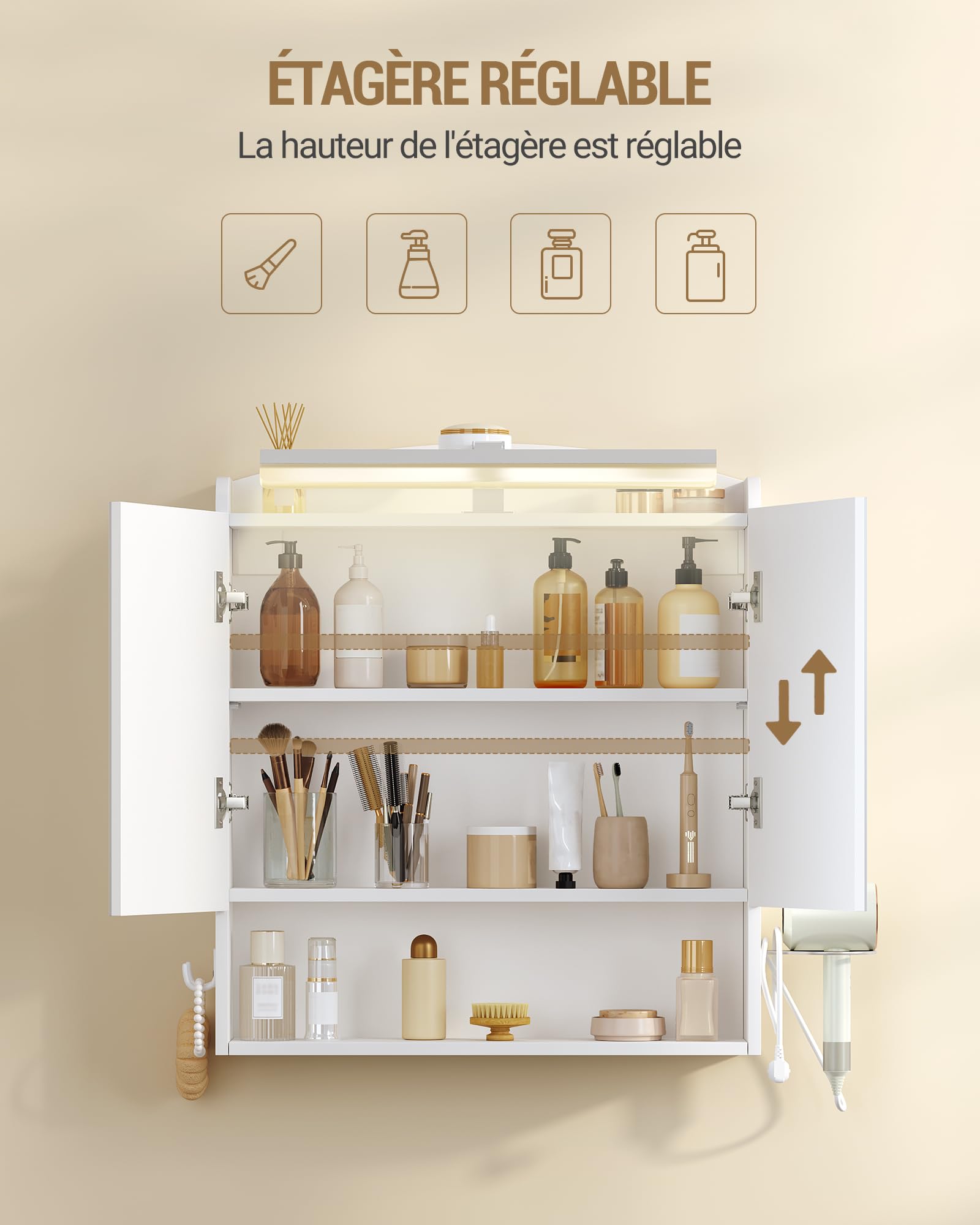 Hzuaneri Armoire Murale Salle de Bain avec Miroir et LED, Meuble de Salle de Bain avec miroir, prise et interrupteur, avec Étagère Réglable, Support Sèche-Cheveux, Blanc 16,5 x 60 x 68,5 cm MC10003XEU