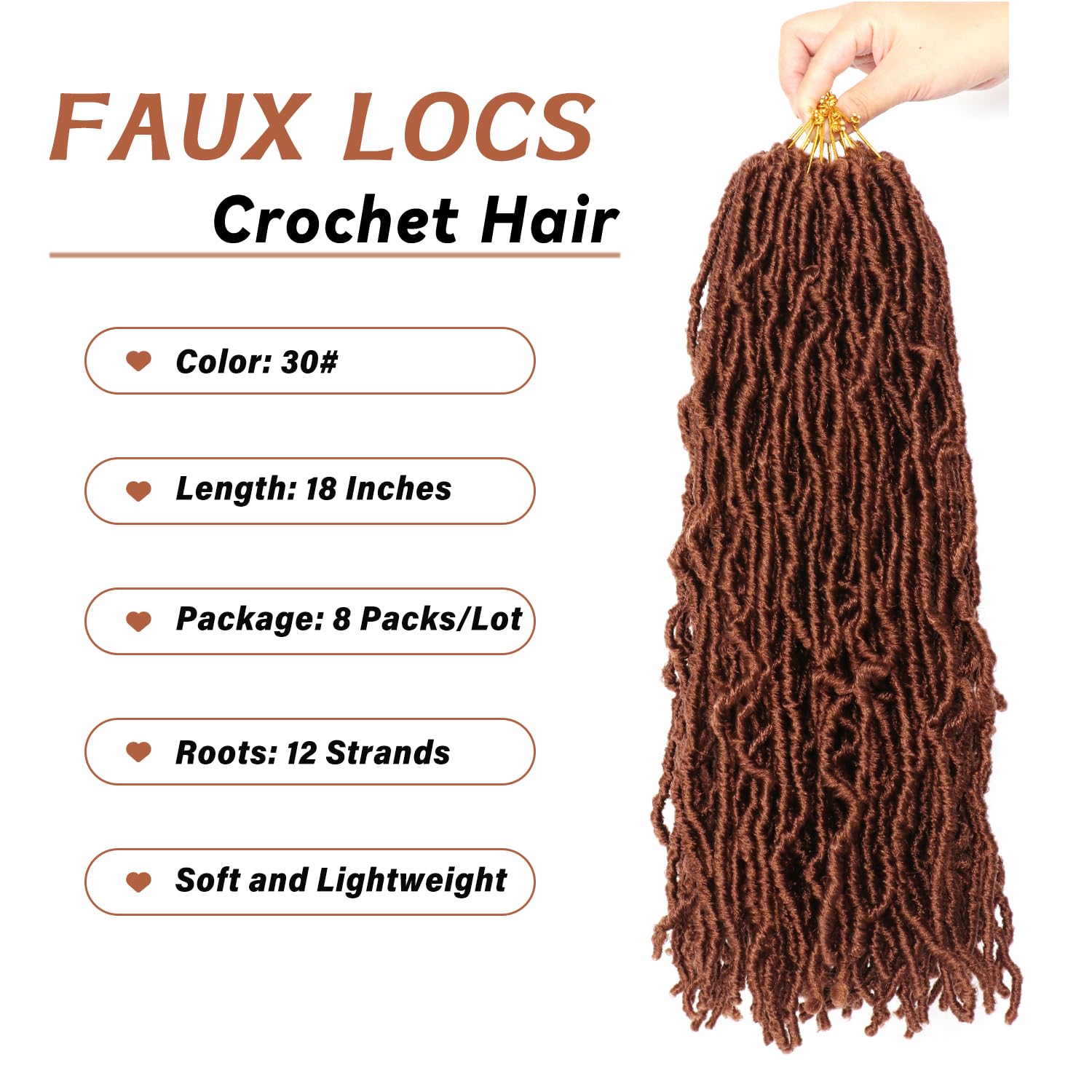 8 Packs Faux Locs Crochet Hair Extensions for Black Women Soft Locs Crochet Braids Hair Extensions (#30, 18Inch (Pack of 8)) - Image 3