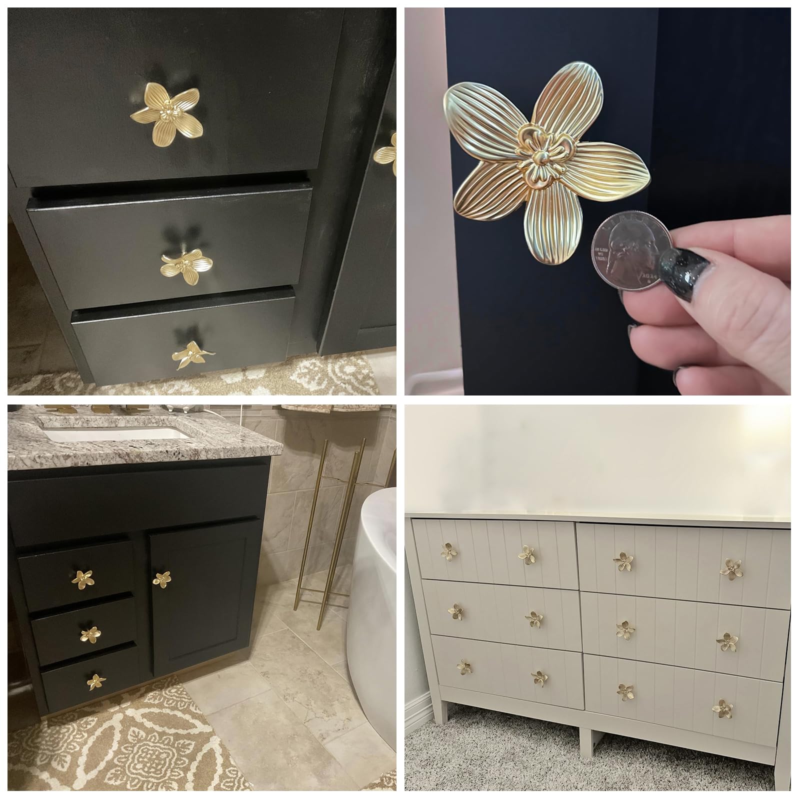 gold flower dresser knobs Redeam Gold Dresser knobs, Flower Knobs for Dresser Drawer, Brass Floral Cabinet Knob, Decorative Vintage Pulls and Knobs 4 Pack, Kitchen Cupboard Bathroom Cabinet Hardware Handles