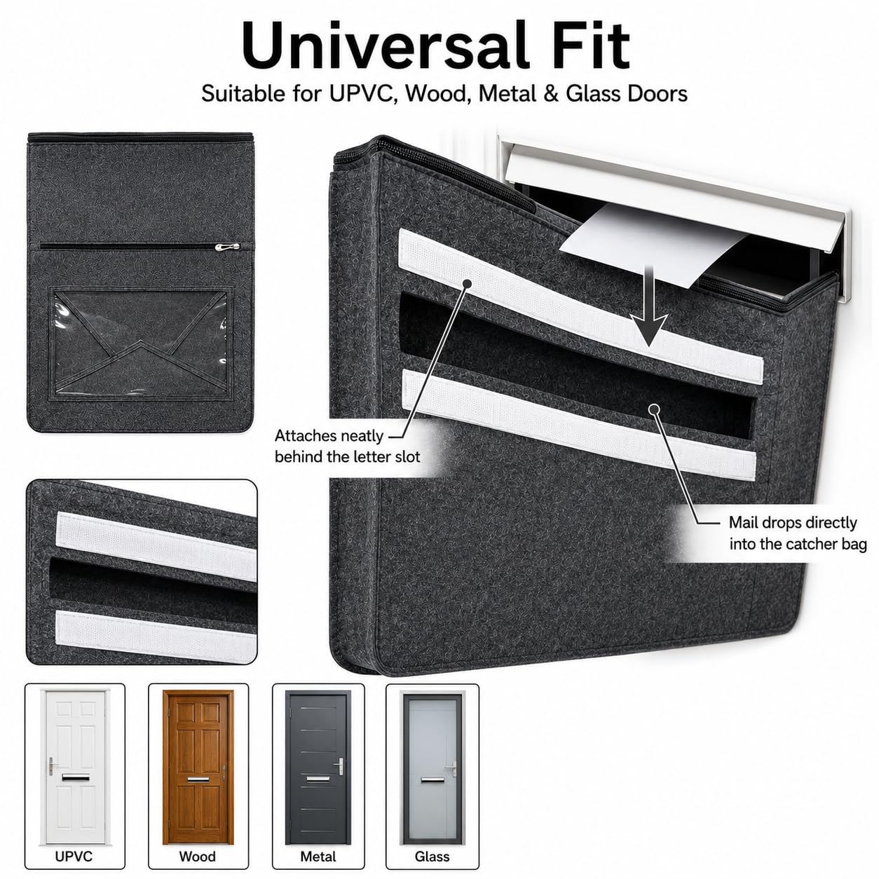 Katai – Bolsa para interior – Ranura para correo de fieltro gris de ajuste universal para puertas delanteras – Incluye abrecartas ergonómico