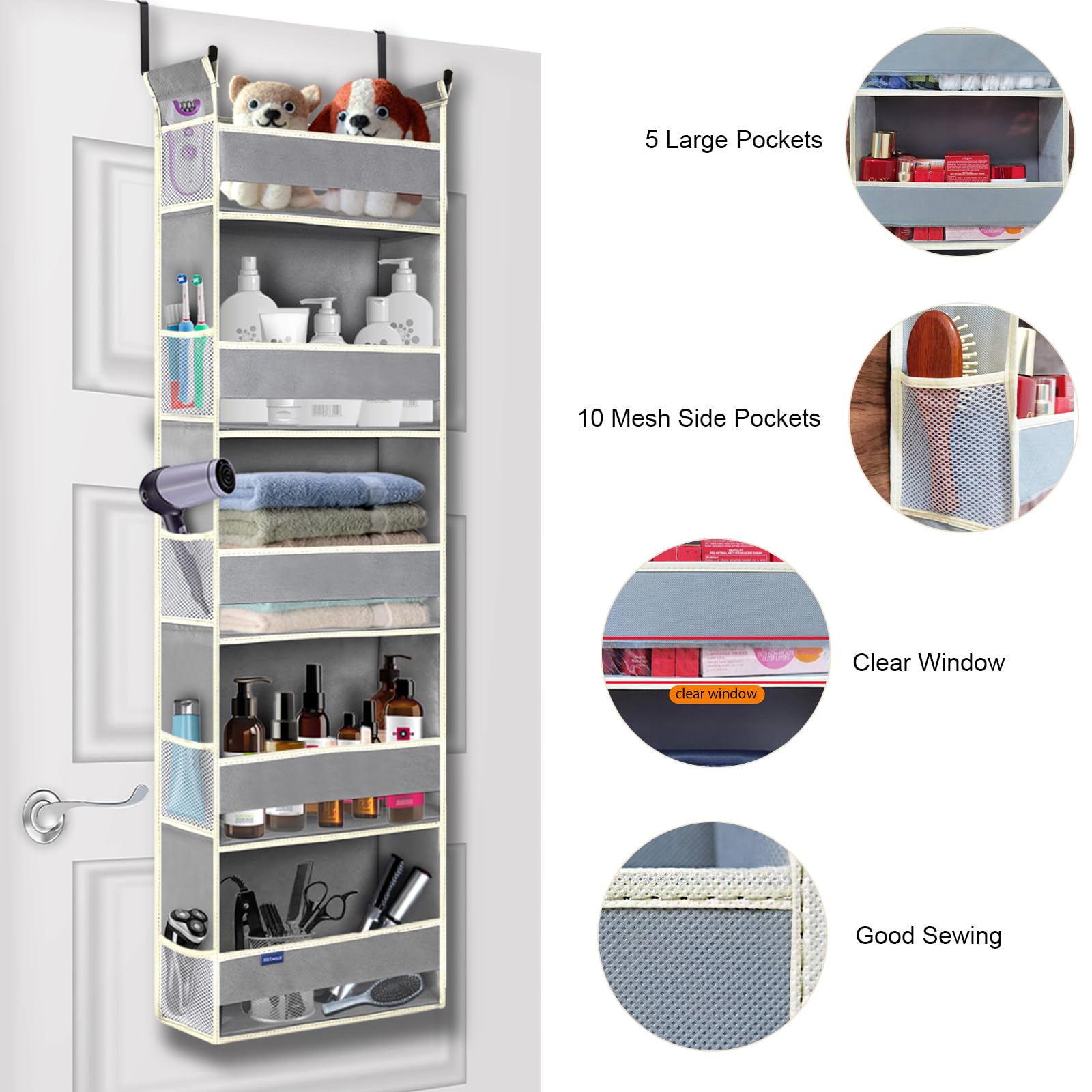 Organizador sobre la puerta, 5 estantes y 10 bolsillos laterales, almacenamiento sobre la puerta para baño, dormitorio, guardería, organizador de puerta colgante para pañales de bebé y 4