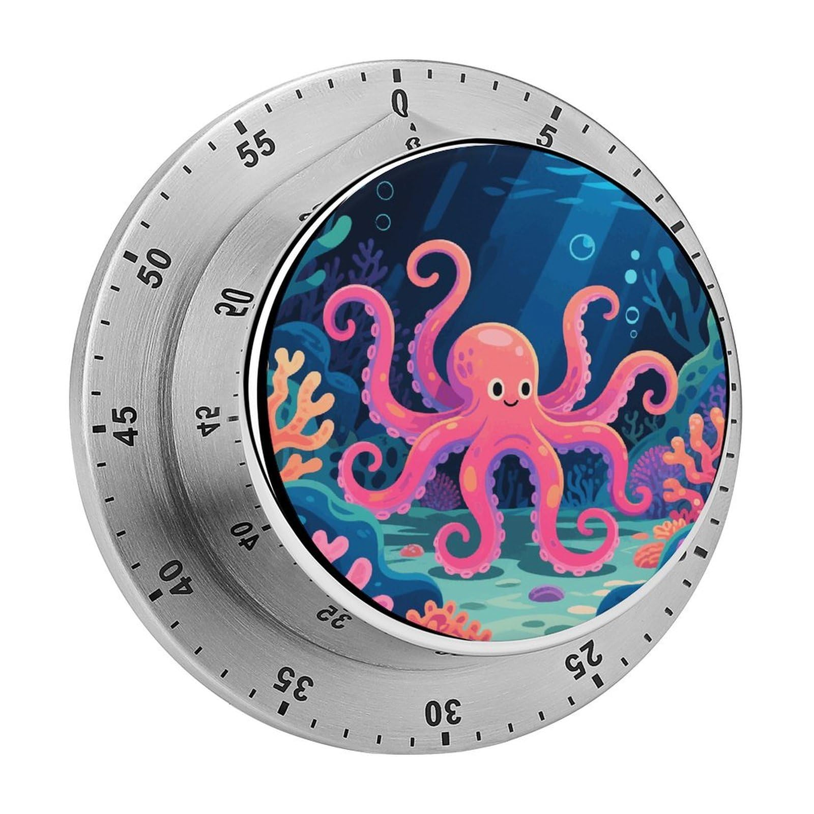 Octopus on The Seabed Timers Kitchen Chef Cooking Timers Portable Countdown Alarm Loud Countdown Clock Waterproof Stainless Steel Timer Compact 60-Minute Mechanical Timer Daily Use