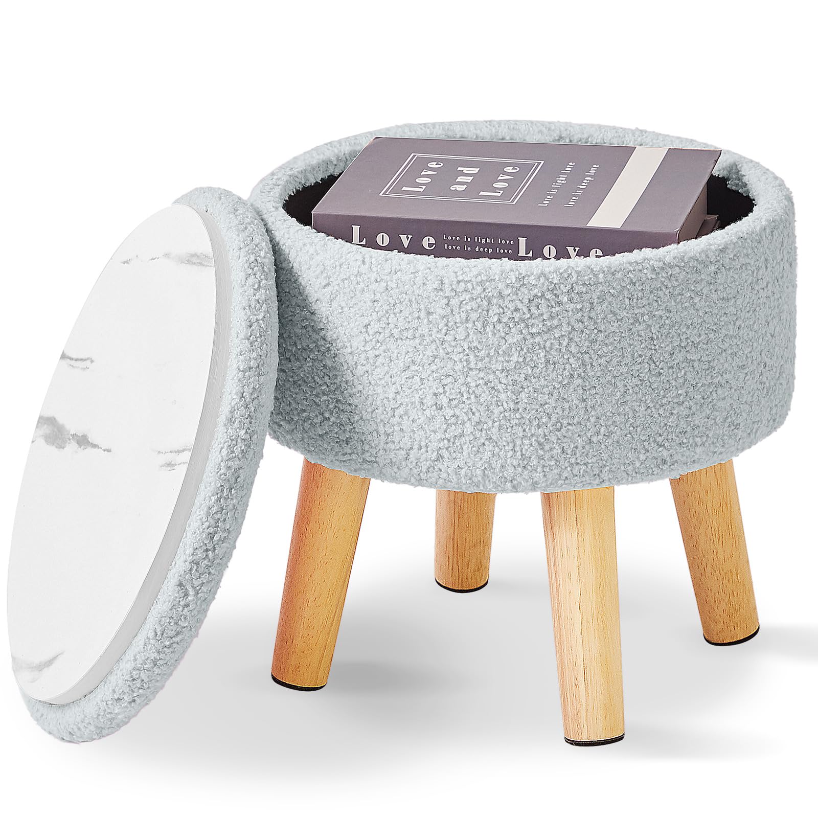 IBUYKE 13 Inch Foot Stool Ottoman with Storage, Round Small Foot Rest with Padded Seat and Wood Legs, Teddy Velvet Mini Footstool for Living Room