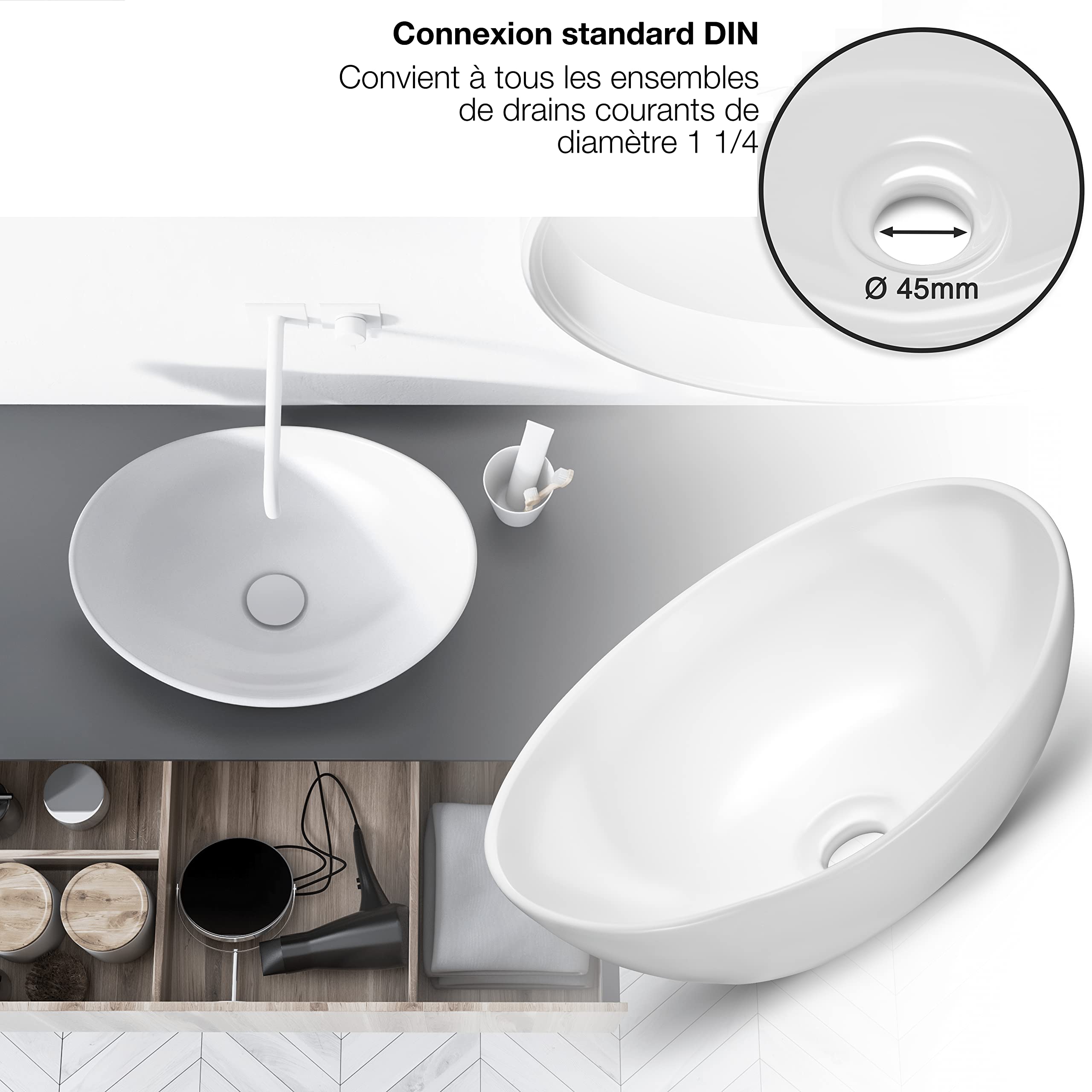VMbathrooms Premium Céramique lavabo ovale avec effet lotus | Vasque à poser pour la salle de bain et les toilettes d'invités sans trou pour robinet ni trop-plein | blanc pur, 41 x 33 x 14,5 cm