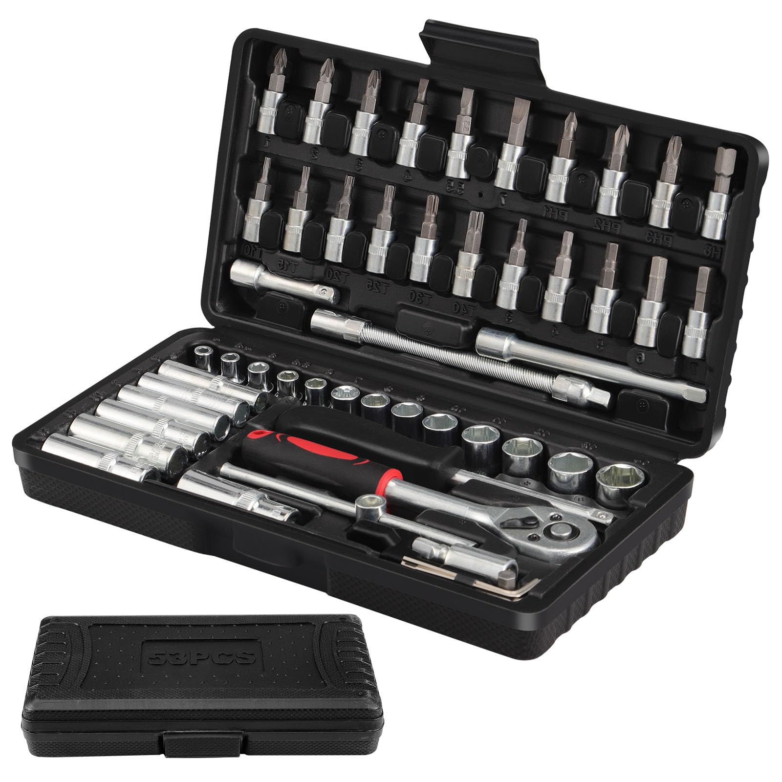 53PCS Coffret de Douilles, Coffret de Embouts, Jeu Coffret Douille Clé à Cliquet de Dégagement, Coffret de Douilles et Embouts Clés à Cliquet 1/4" 72 Dents