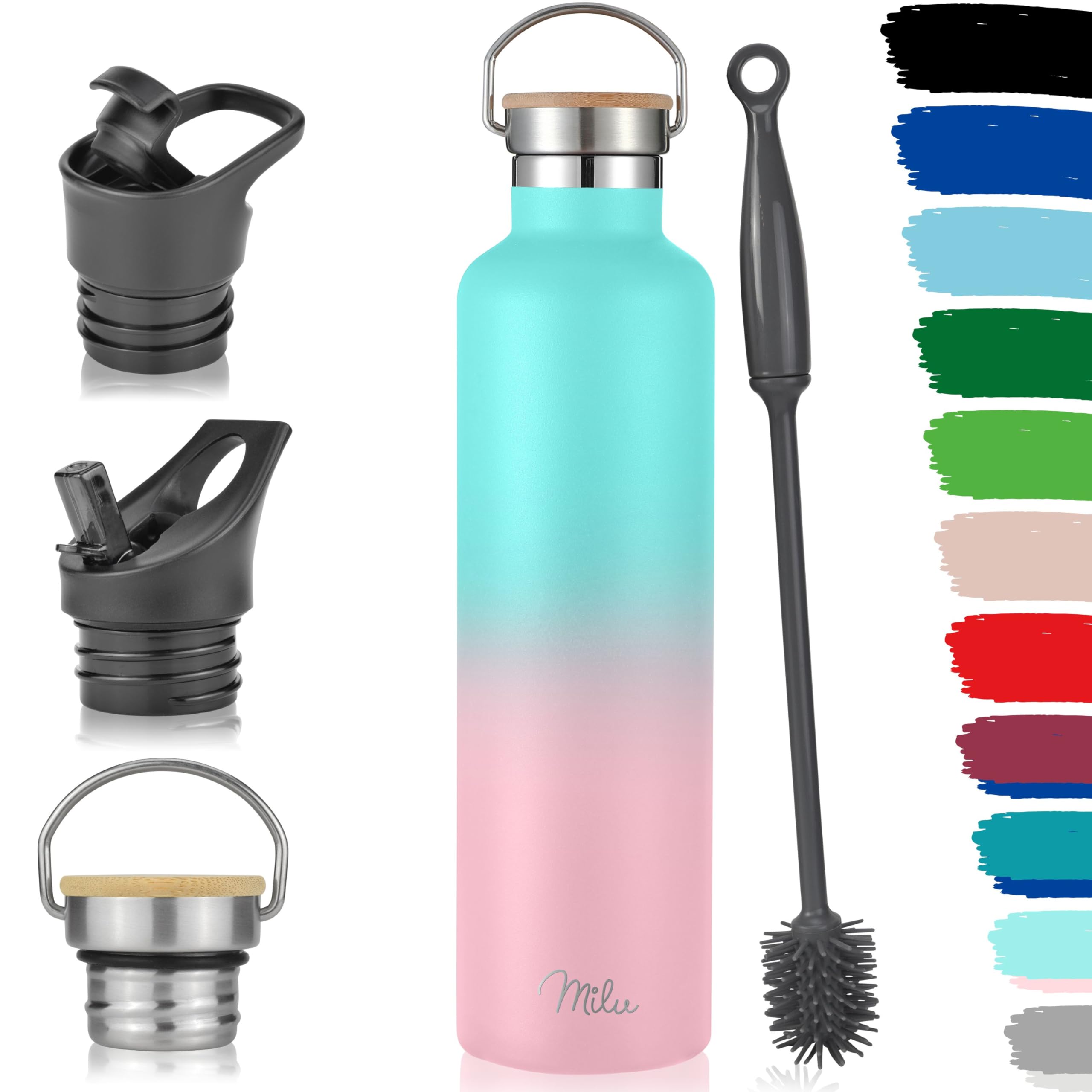 Milu Mint Pink Stainless Steel Drinking Bottle 350Ml, 500Ml, 750Ml, 1L (+3 Lids) - Thermo Bottle With Straw, Water Bottle, For Hot, Cold & Carbonated Drinks (, 1000Ml)