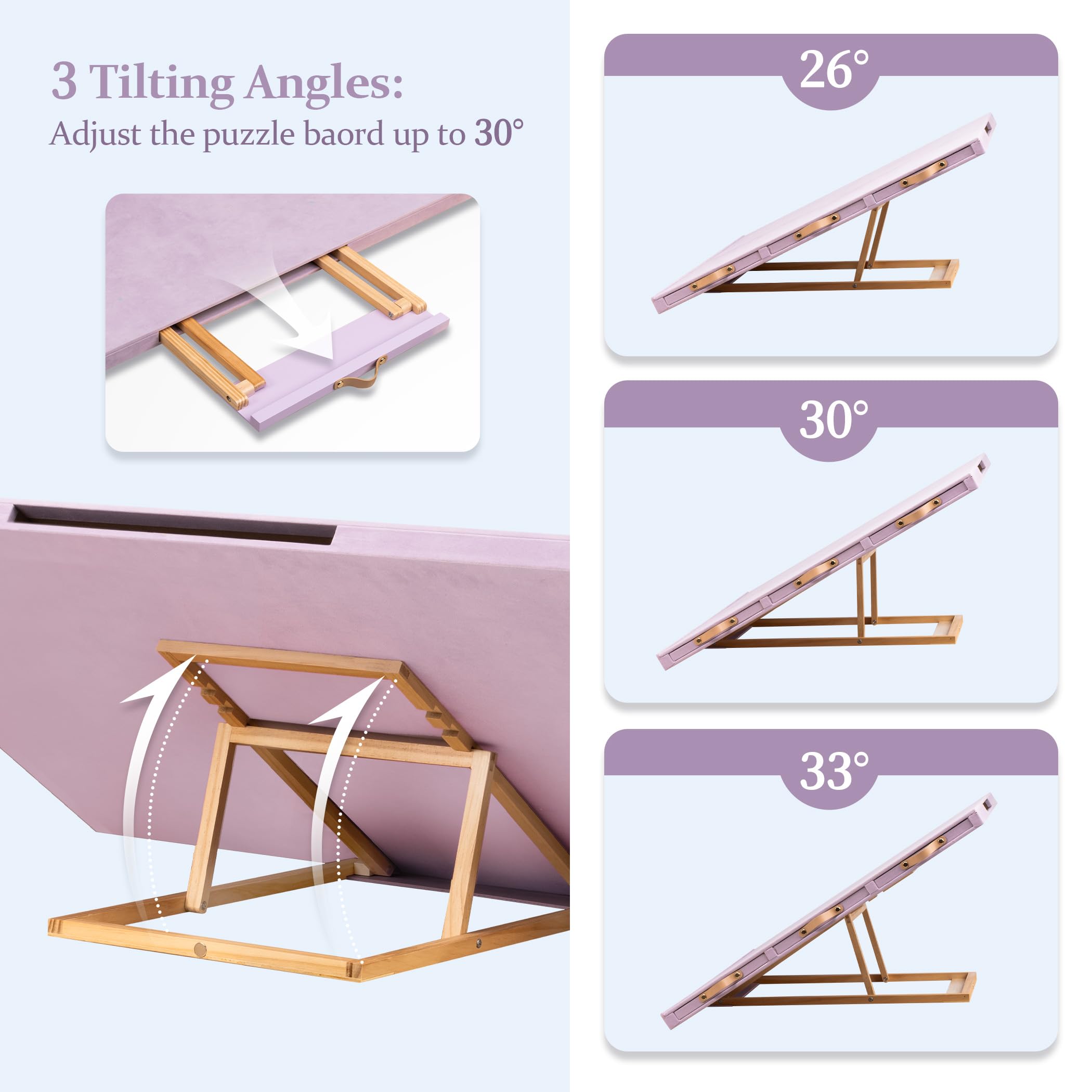 Puzzletisch mit verstellbarem Ständer/Halterung und Abdeckplatte, tragbares Puzzlebrett, DREI Neigungswinkel und sechs Sortierboxen, rutschfeste Flanellmatte, fasst bis zu 1500 Teile
