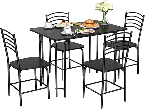 COSTWAY Juego de comedor de 5 piezas, mesa de cocina para el hogar y 4 sillas con patas de metal, color negro moderno
