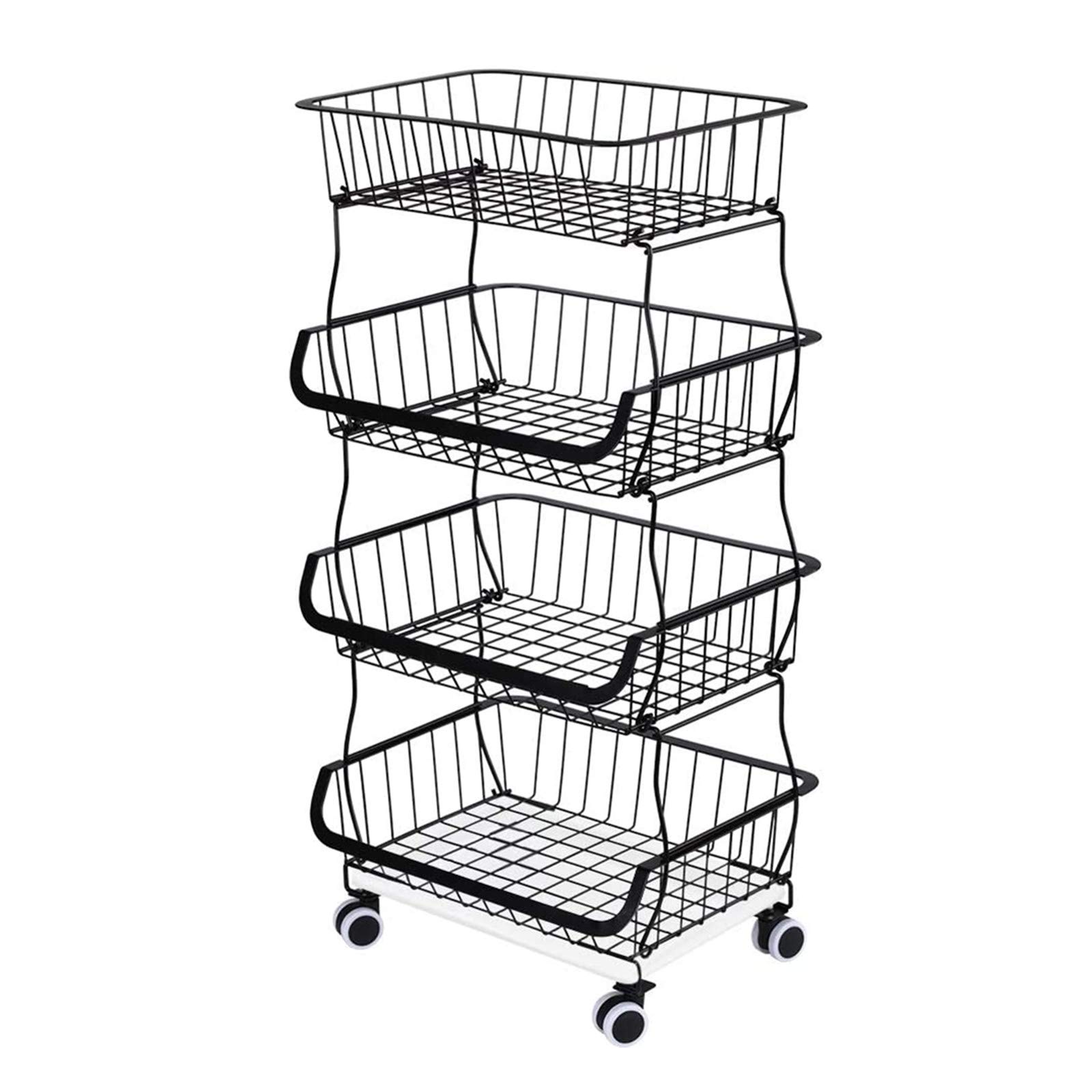 U-HOOME 4 Tier Stackable Storage Baskets, Metal Wire Fruit Vegetable Basket Organizer Bins with Casters, Adjustable Anti-Skid Feet, Plastic Tray, Utility Rack for Kitchen, Pantry, Bathroom (Black)