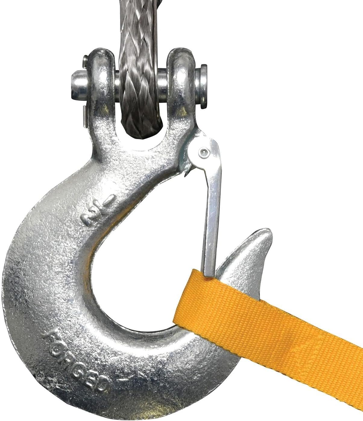 Close-up of the heavy-duty, clevis pinned, latched hook.