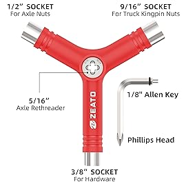 Zeato All-In-One Skate Tools Multi-function Portable Skateboard Y Tool Accessory with Y-type Allen Key and L-type Phillips Head Wrench Screwdriver - Red