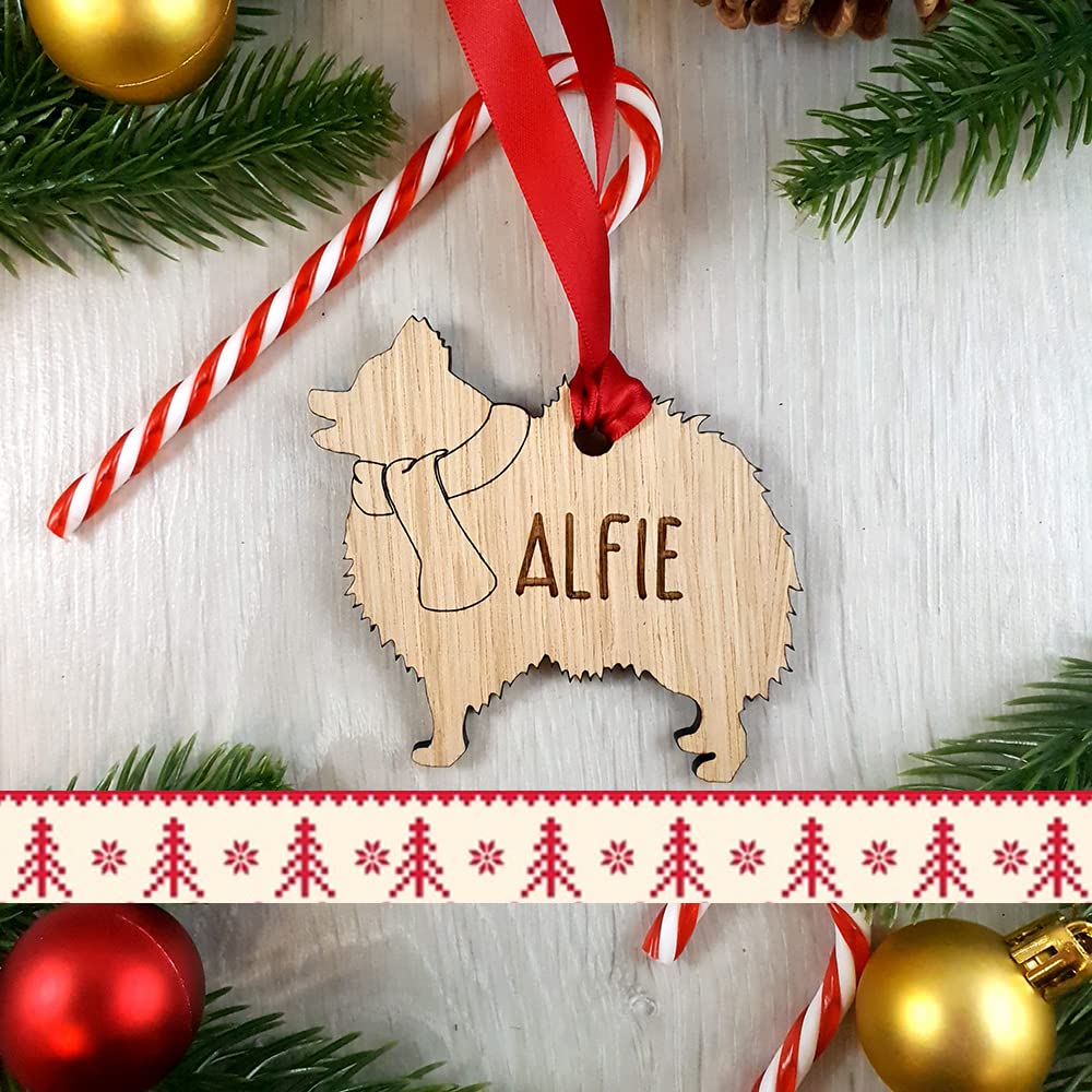 My Pretty Little Gifts Wood Personalised Pomeranian Oak Dog Bauble Decoration - Christmas Tree Gift Pet Xmas