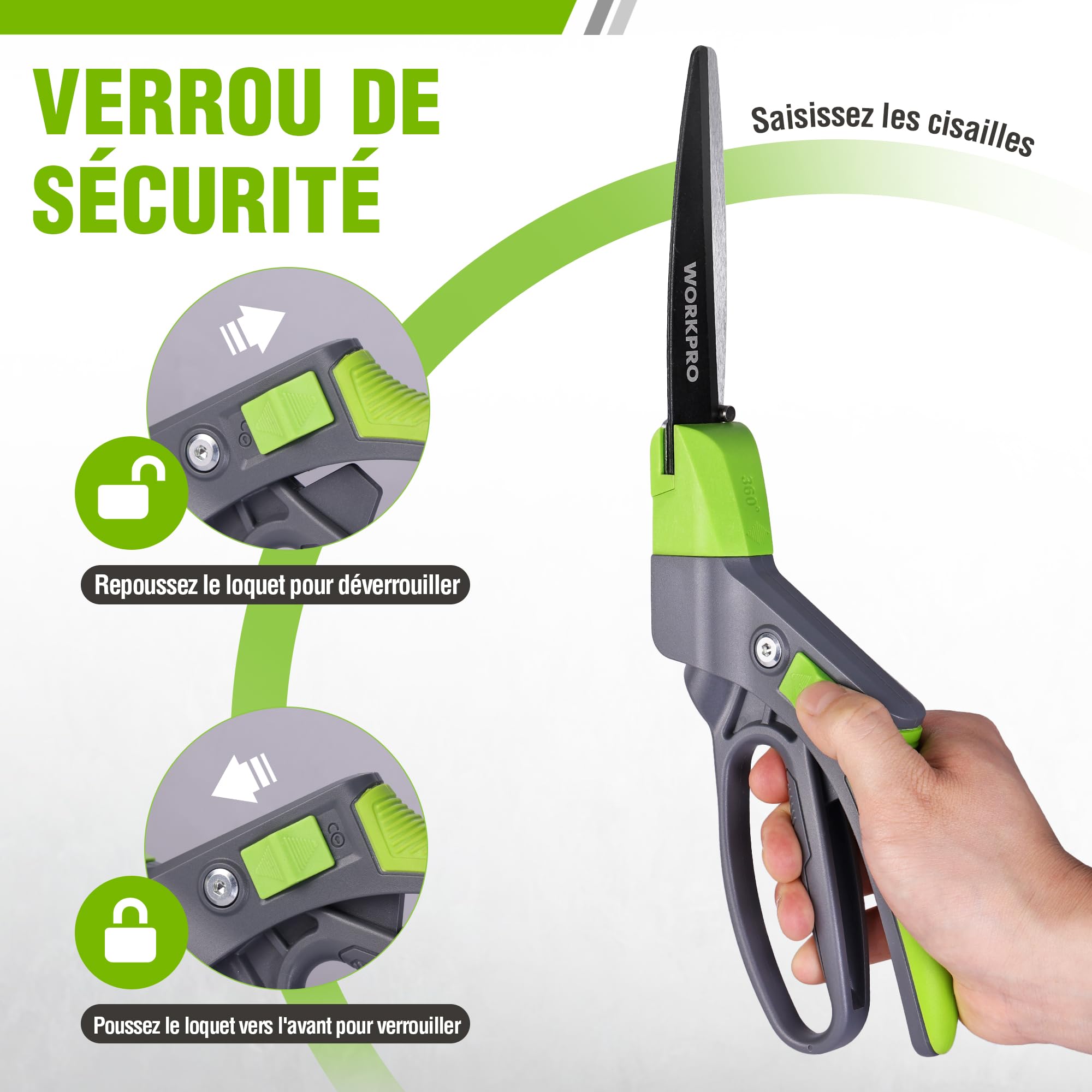 WORKPRO Cisaille à Gazon Rotative 360°, Cisaille Orientable avec Verrou de Sécurité, Poignée Ergonomique, Outil de Jardinage pour Pelouse, Plantes, Bonsaïs et Bordures