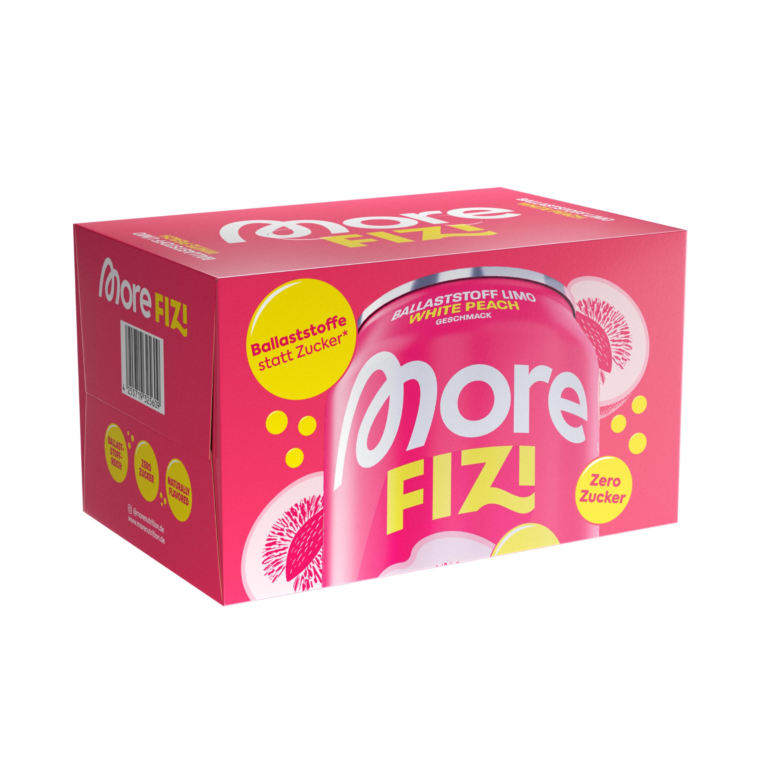 MORE Fizi, 6 x 330ml, White Peach, Ballaststoff-Limo mit 10 g Ballaststoffe pro Dose