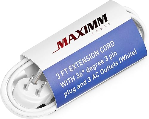 Miniatura 6 de Maximm Cable de extensión de enchufe plano de 3 pies, múltiples salidas, cable de extensión de enchufe en ángulo de 3 puntas, color blanco,