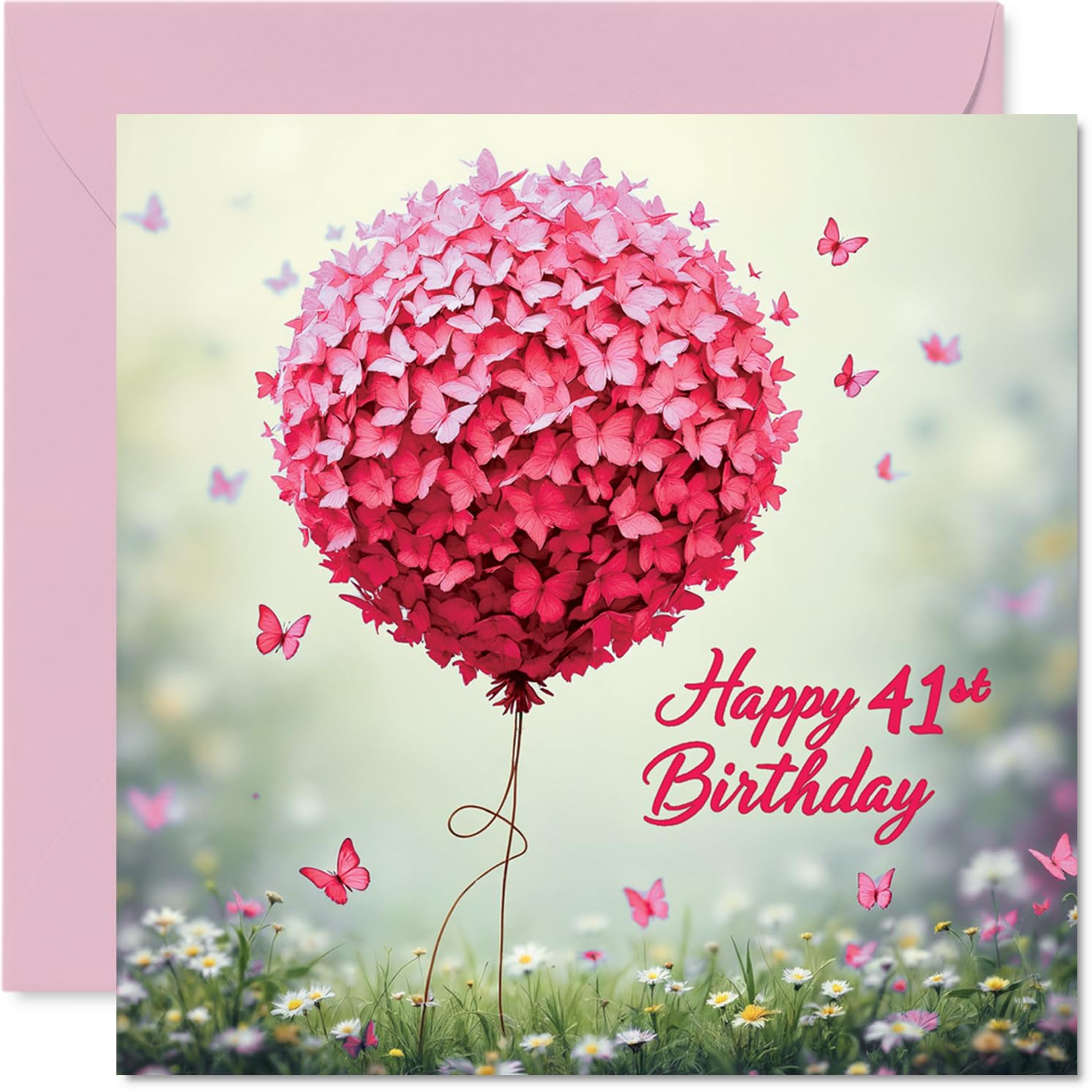 41st Birthday Cards for Women, Pink Butterfly Balloon