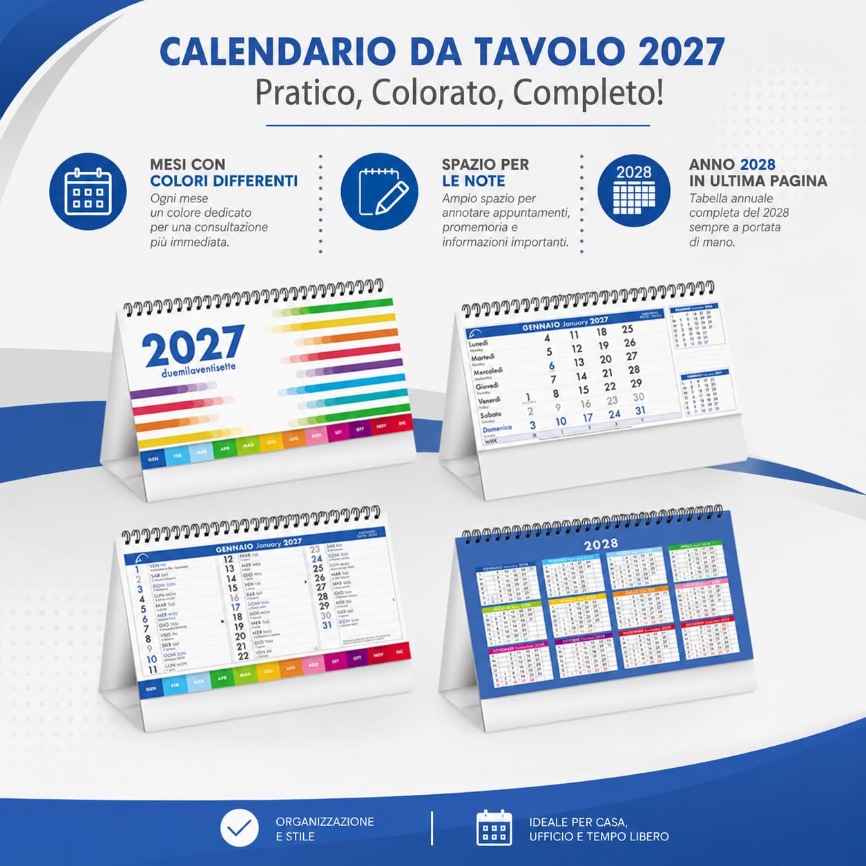 Calendari Personalizzati 2027 da Tavolo Classici Stock da 100 Pezzi Spiralati Illustrati per Gadget Pubblicitari di Fine Anno e come Omaggio per i Clienti o Regali Aziendali PA744
