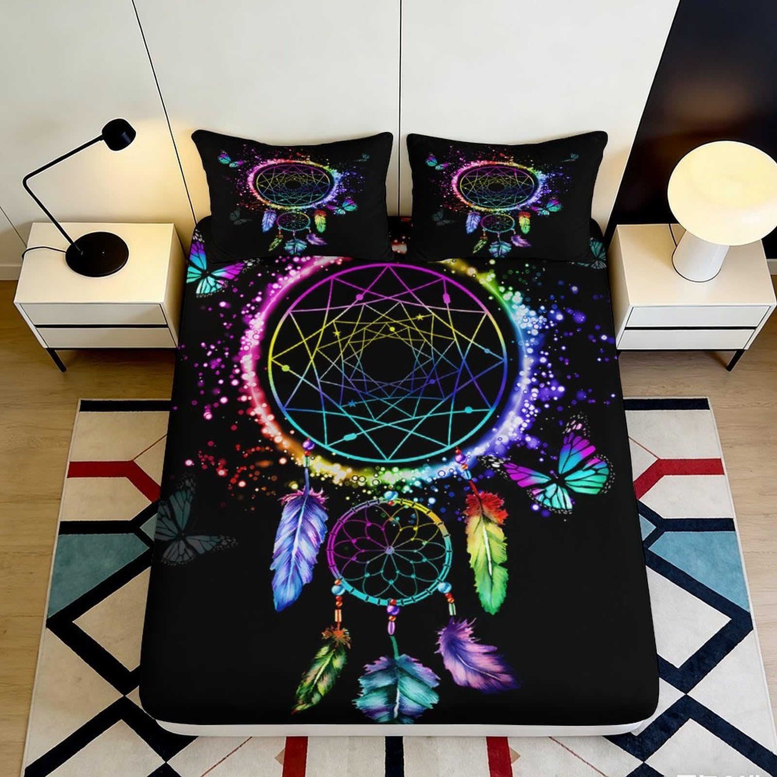 3D Printed Rainbow Dreamcatcher Fitted Sheet Microfiber Soft Butterfly Bed Sheet for Bedroom Guest Room Decor 90x200x25cm