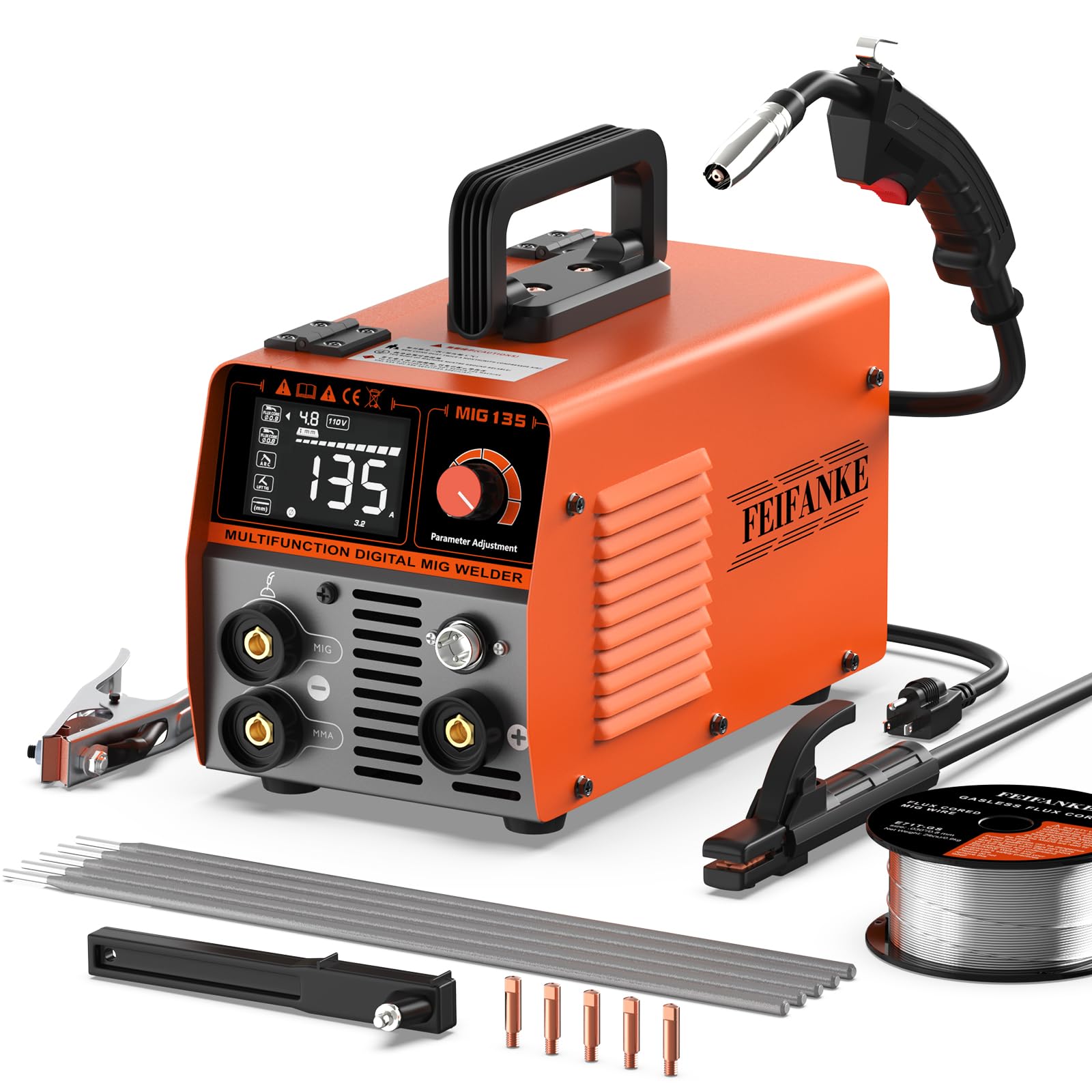 FEIFANKE 135A Flux Score MIG Welder, 110V 3-IN-1 MIG/ARC/Lift TIG Welder with 1lb .030" Wire MIG Torch 5 Rod Gasless Welder with IGBT DC Inverter Synergy for Repair Work