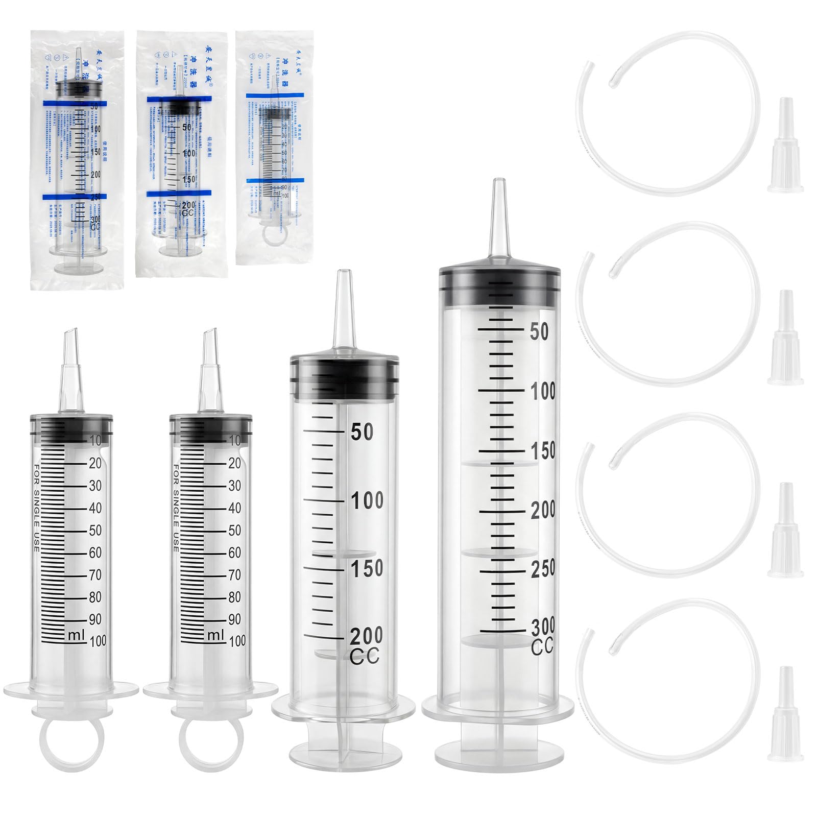 4PCS Grosse Seringue 100ml200ml300ml, Plastique Seringue a huile avec Tuyau | Sans Aiguille, Comprend 4 tuyaux de 30cm et des adaptateurs, pour Laboratoire Science Industrie Arrosage Mesure De Liquide