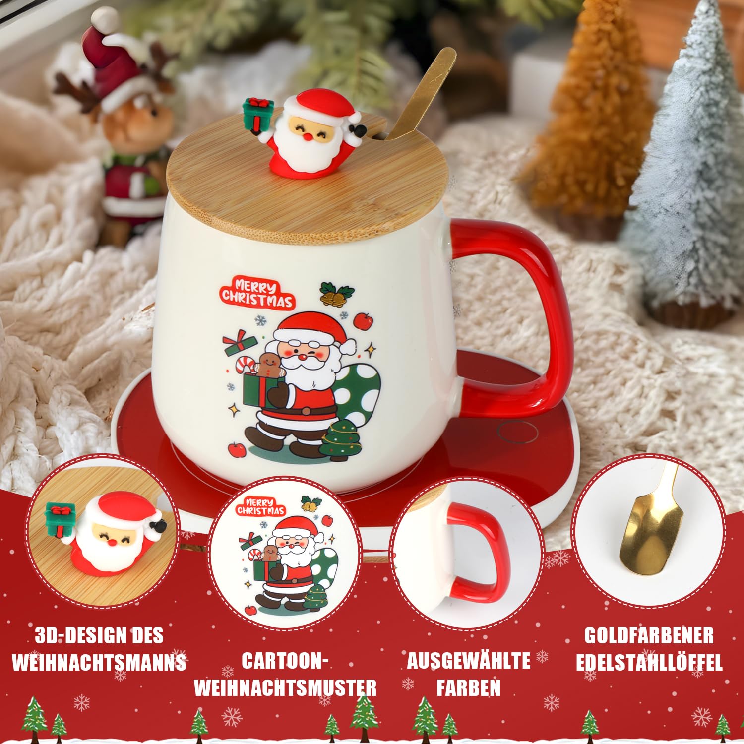 Weihnachtstasse, Tassenwärmer, Elektrischer Kaffeewärmer, Weihnachtstassen Set, Büro für Liebhaber von Wintergetränken (SDLR01)