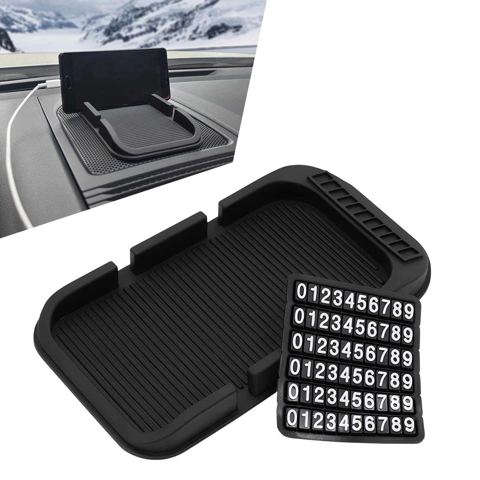 Pack-1 Car Dashboard Anti-Slip Mat, Multifunction Car Dashboard Cell Phone Holder, Double-Groove with Number Plate Auto Pad Mat, Universal for Most Cars (Black)