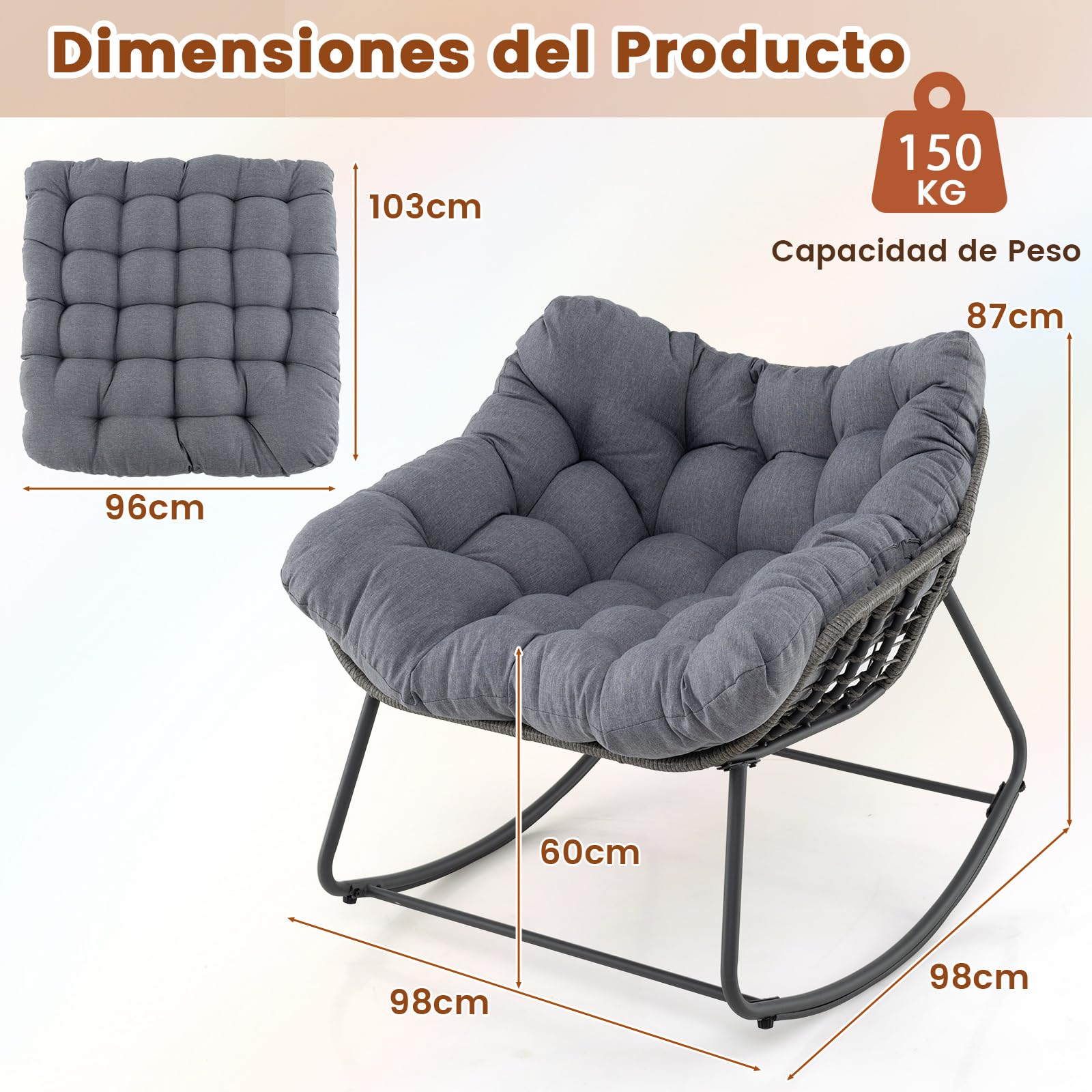 COSTWAY Silla Mecedora para Exteriores, Silla de Huevo de Mimbre PE de Gran Tamaño con Cojín Grueso y Extraíble, Silla de Ratán con Estructura Metálica Resistente para Salon, Balcón, Jardín (Gris)