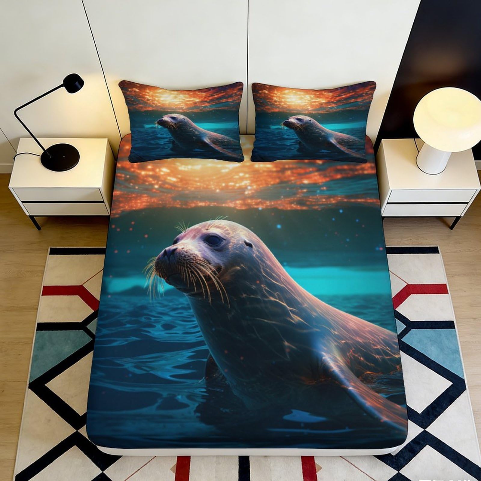 3D Printed Ocean Sunset Sea Lion Fitted Sheet Microfiber Soft Breathable Underwater Bed Cover for Bedroom Decor 90x200x25cm
