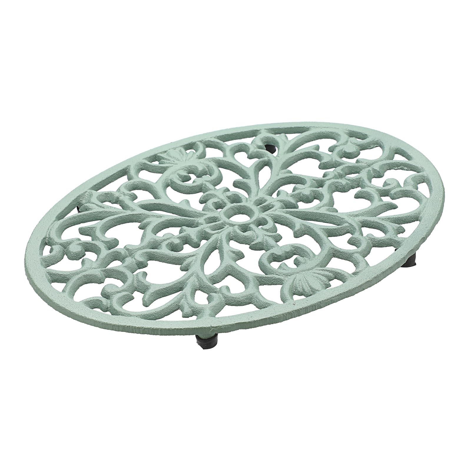 SUMTree Oval Cast Iron Trivet, Decorative Heavy Duty Hot Pot Holder Mat, Vintage Pattern Cast Iron Trivet with Rubber Pegs for Kitchen Dining Table, 24.5 * 18.5 * 1.8cm, Green