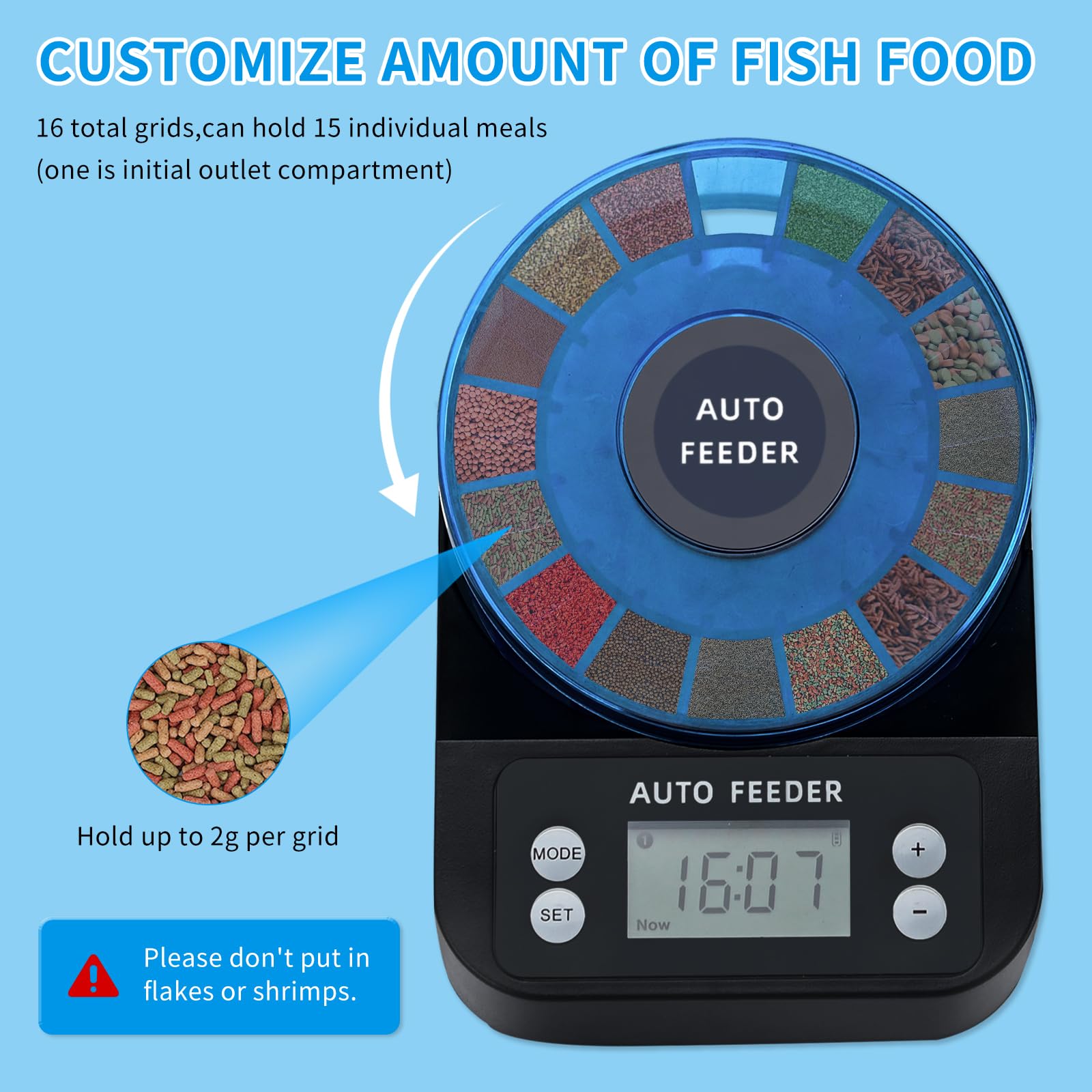 Podazz Distributeur Automatique de Nourriture pour Poissons pour Aquarium - Minuterie Rechargeable - avec Affichage LCD - 15 Flux d'alimentation de Voiture avec Design résistant à l'humidité