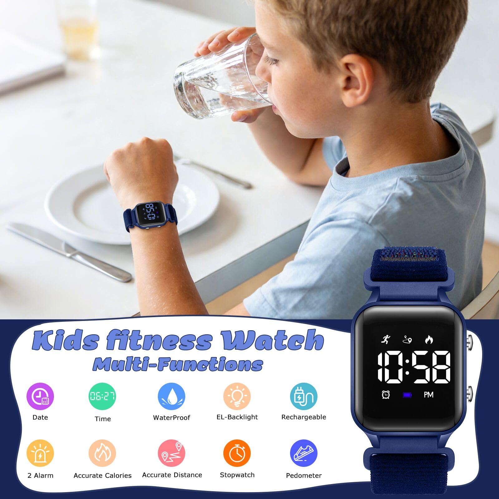 Timever Montre Digitale Enfant avec Chronomètre, Eclairage, 2 Alarme, Date,Podomètres Marche Non Connecté-Montres Sport pour Fille Garcon avec Bracelet en Nylon à Scratch
