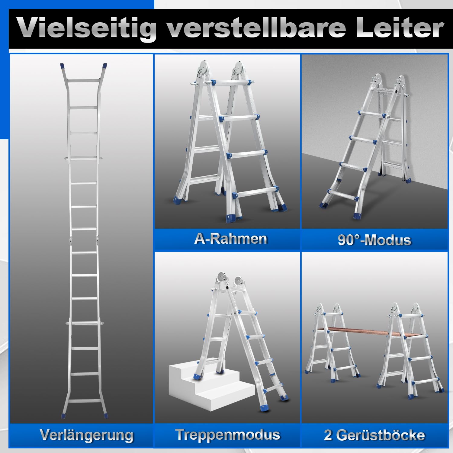 Eulenke Teleskopleiter Aluleiter 4.02m 4x4 Sprossen Mehrzweckleiter, 4 in 1 Klappleiter 150 kg Belastbarkeit, Anlegeleiter, Treppenleiter, Bockleiter, Schiebeleiter