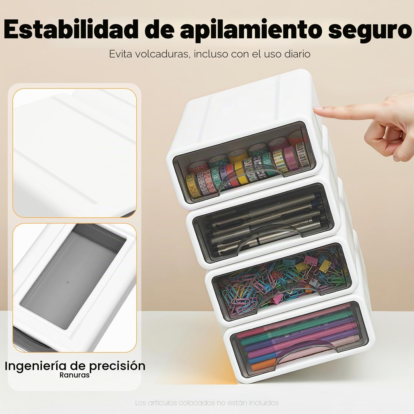 Caja de almacenamiento de oficina, organizador de escritorio de plástico con 6 cajones, apilable para oficina, hogar, suministros de arte 34 x 25 x 33 cm (blanco)