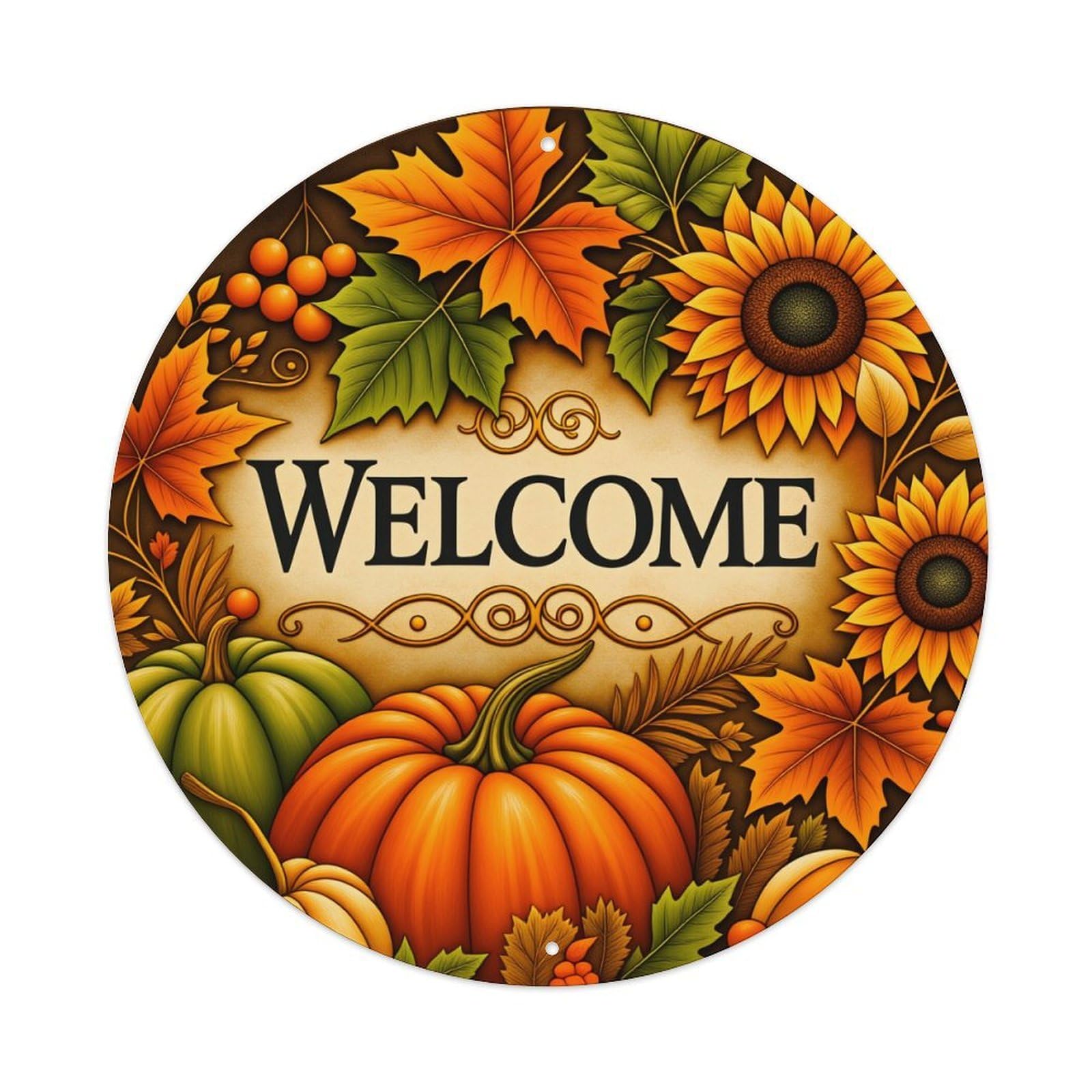 Autumn Leaves Pumpkins Sunflowers Welcome Round Tin Sign Vintage Style Metal Sign Home Bar Garden Wall Plaque Decor Metal Poster 8x8 Inch