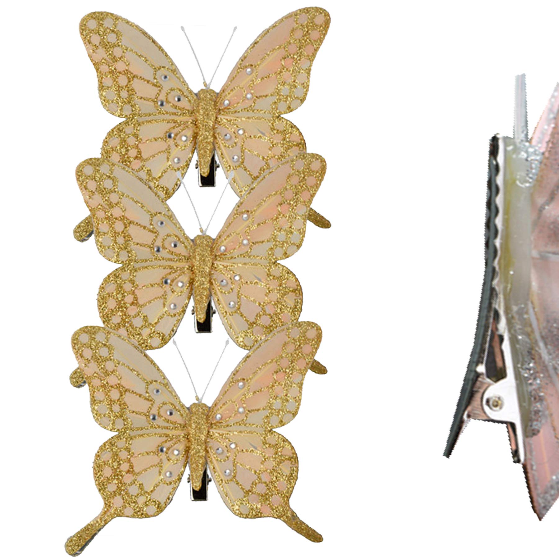 Theme Machine Gold Christmas 3 Pack Clip On Feather Butterfly With Glitter Tree Decoration - Champagne