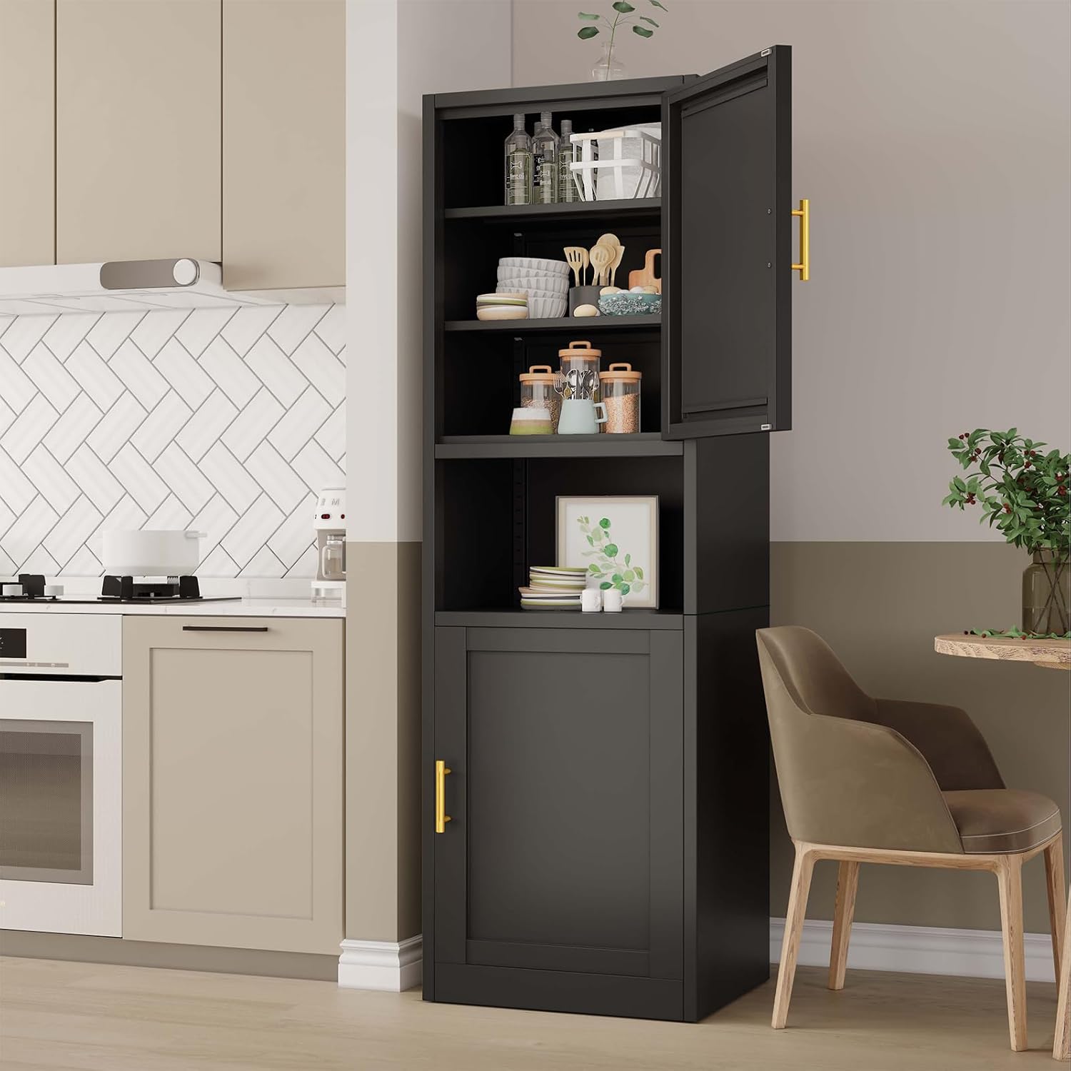 pozdeg 67" Tall Narrow Storage Cabinet Metal Bathroom Cabinet with 2 Doors & 4 Adjustable Shelves, Standing Pantry Cabinets Cupboard for Kitchen, Dining Room, Living Room and Bathroom (Black)