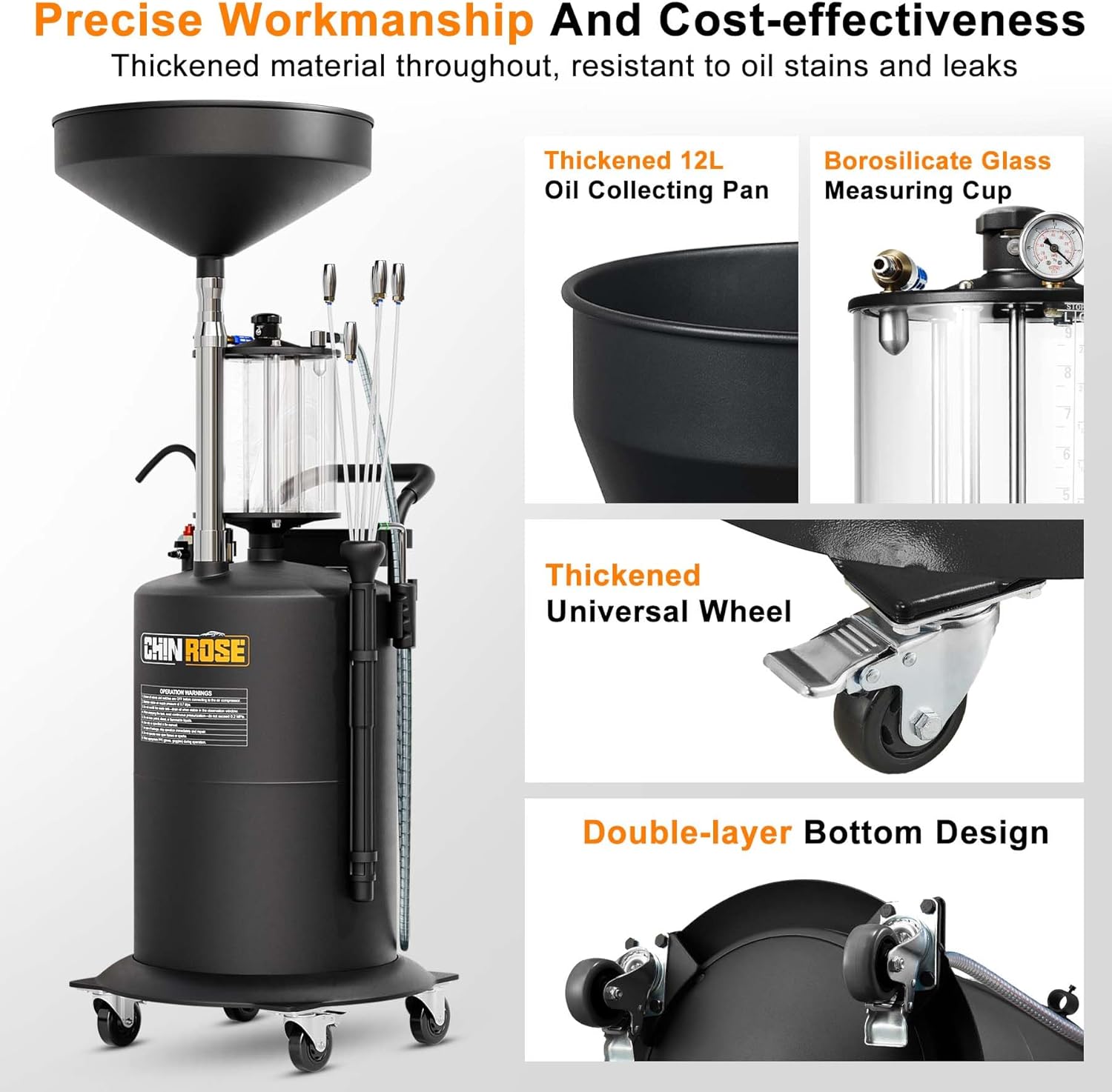 Oil Drain Container, 26.4 Gallon Industrial Fluid Drain Tank, Waste Oil Container, Portable Pneumatic Waste Oil Drain with Wheels, Waste Oil Drain Tank with Adjustable Height(Black 26.4 Gallon)