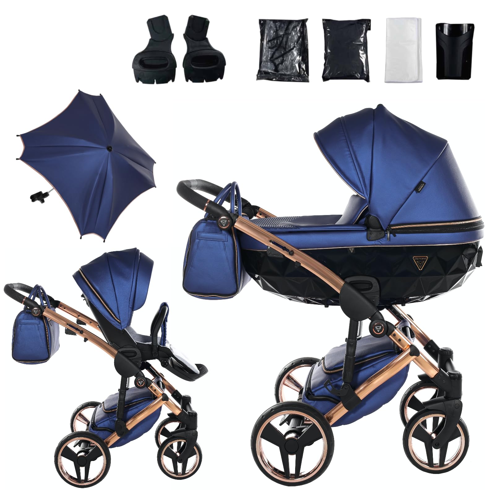 Junama Passeggino TRIO Diamond Fluo 01 Blu e Rame - 2in1 3in1 4in1 + ombrellino (2 in 1 con Adattatori)