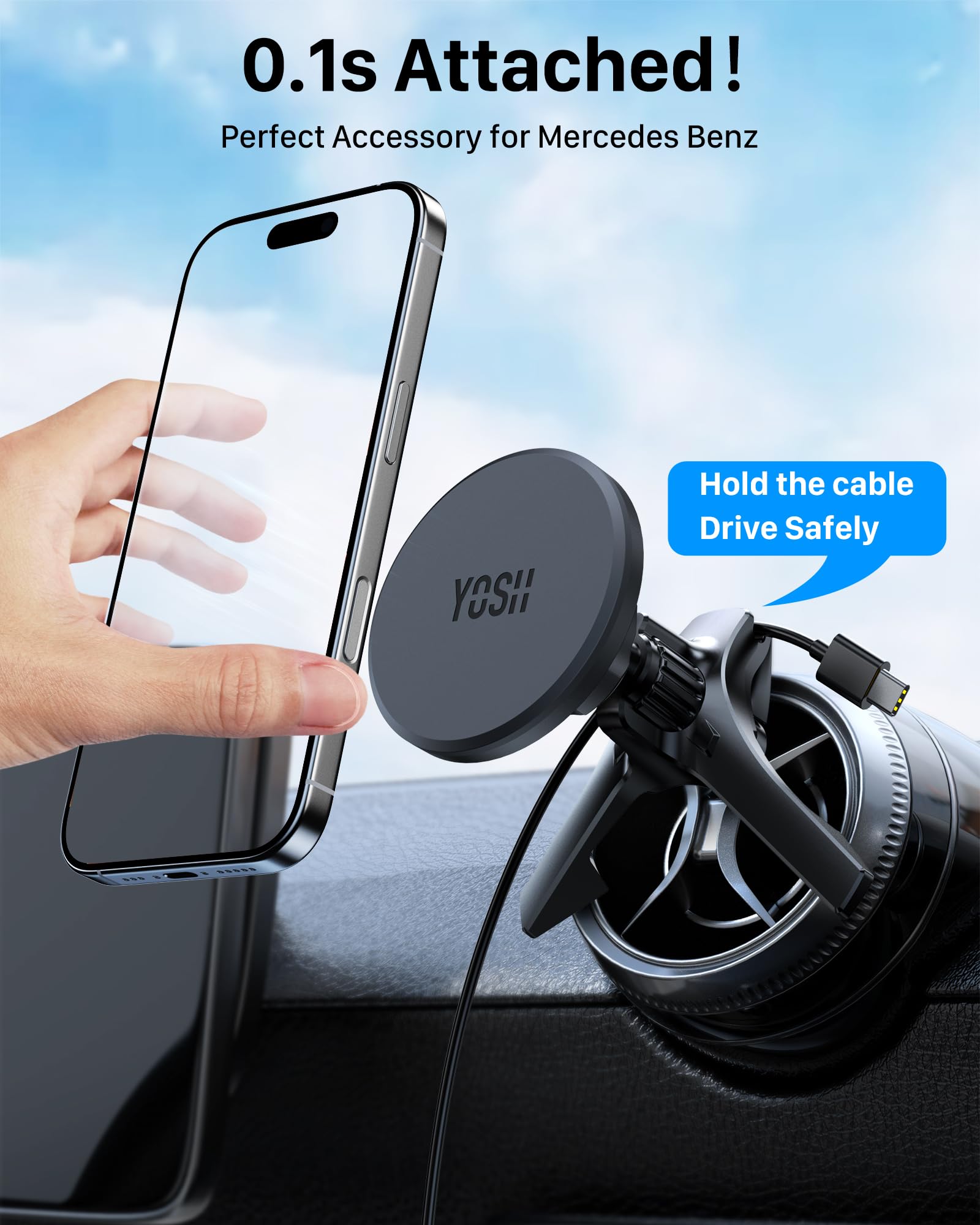 YOSH Uchwyt samochodowy na telefon komórkowy do Mag-Safe [okrągła wentylacja], magnetyczny uchwyt samochodowy z trójkątnym hakiem do Mercedes, kompatybilny z urządzeniami iPhone i Samsung