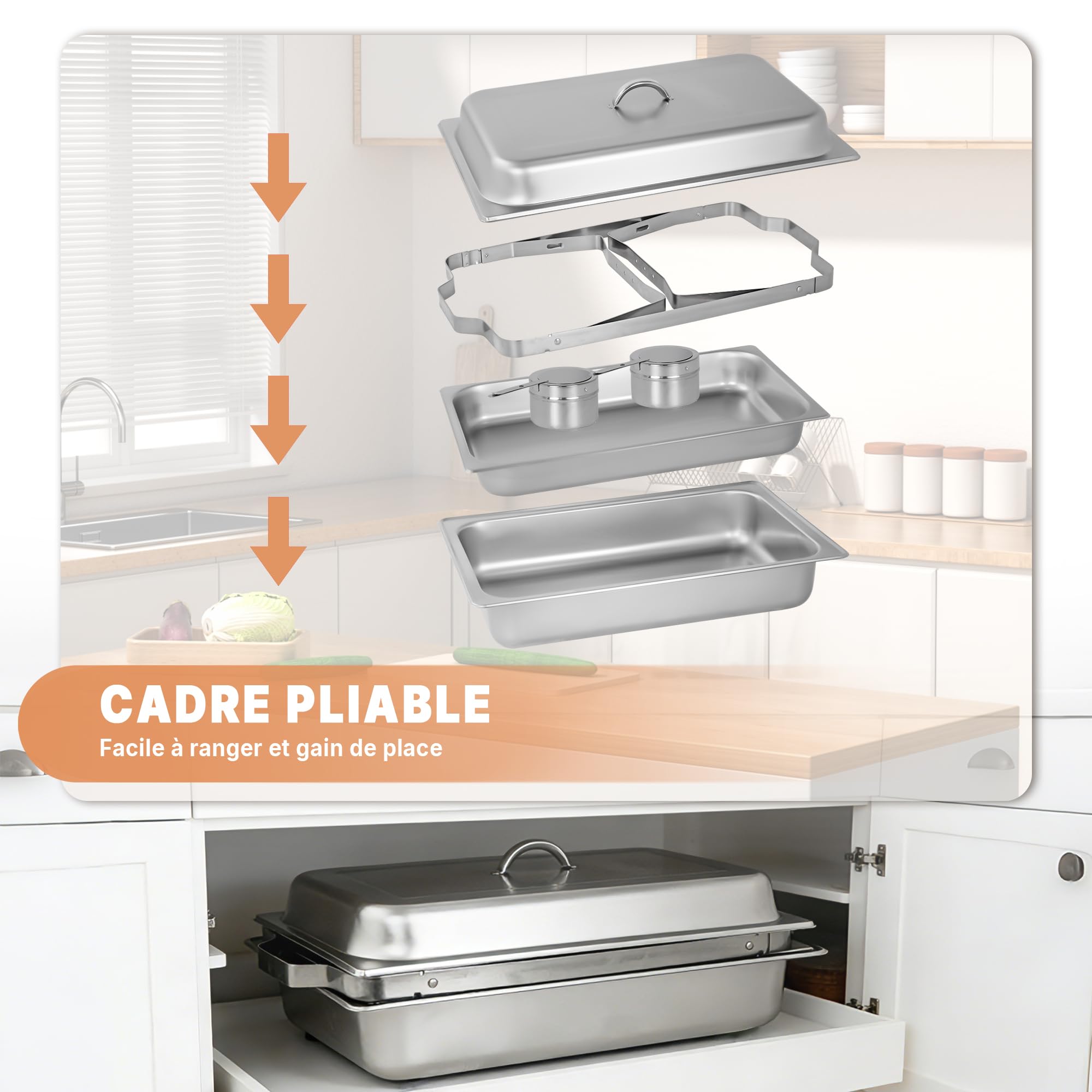 Hakka Lot de 4 Chafing Dish Rectangulaire Buffets Chauffants 9,5L chauffe-plats professionnel avec 4 bacs, chauffe-plats en acier inoxydable avec couvercle, réservoir à combustible, cadre pliable, pou