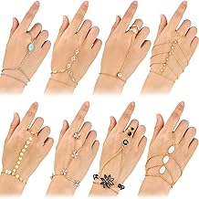 Sureio 8 Pieces Hand Chain Set Ring Bracelet Hand Chain Tassel Crystal Finger Bracelet Bohemian Jewelry for Women (Elegant)