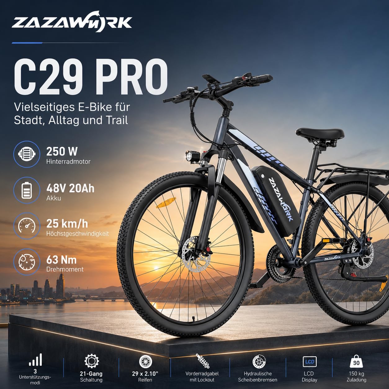 E-Bike 250W Motor 25km/h, 100-120km Reichweite 48V15AH Akku, 21-Gang Mountainbike mit Federgabel & Hydraulikbremsen, EBike Herren Damen, Elektrofahrräder für Stadt & Gelände
