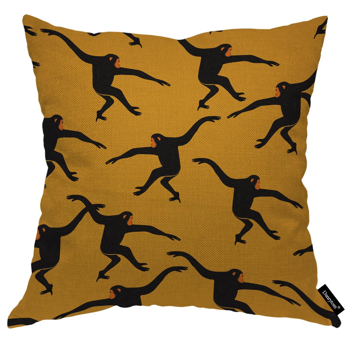 Danrytom Square Pillow Covers Funny Gibbon Monkey Linen Pillow Case Black Animal On Yellow Background Farmhouse Pillow Covers 18X18 Inch