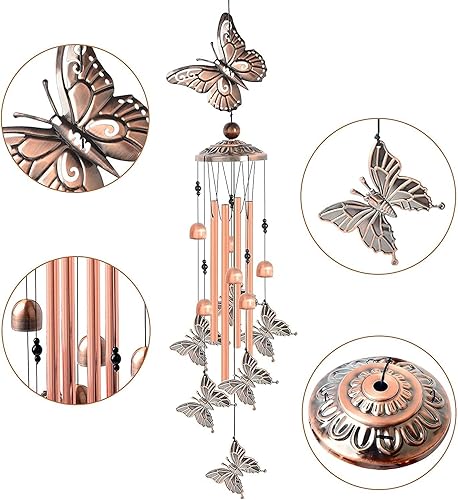 Miniatura 2 de Campana de viento de mariposa para exterior, 34 pulgadas de longitud, campanilla de viento de mariposa conmemorativa con 4 tubos grandes de aluminio