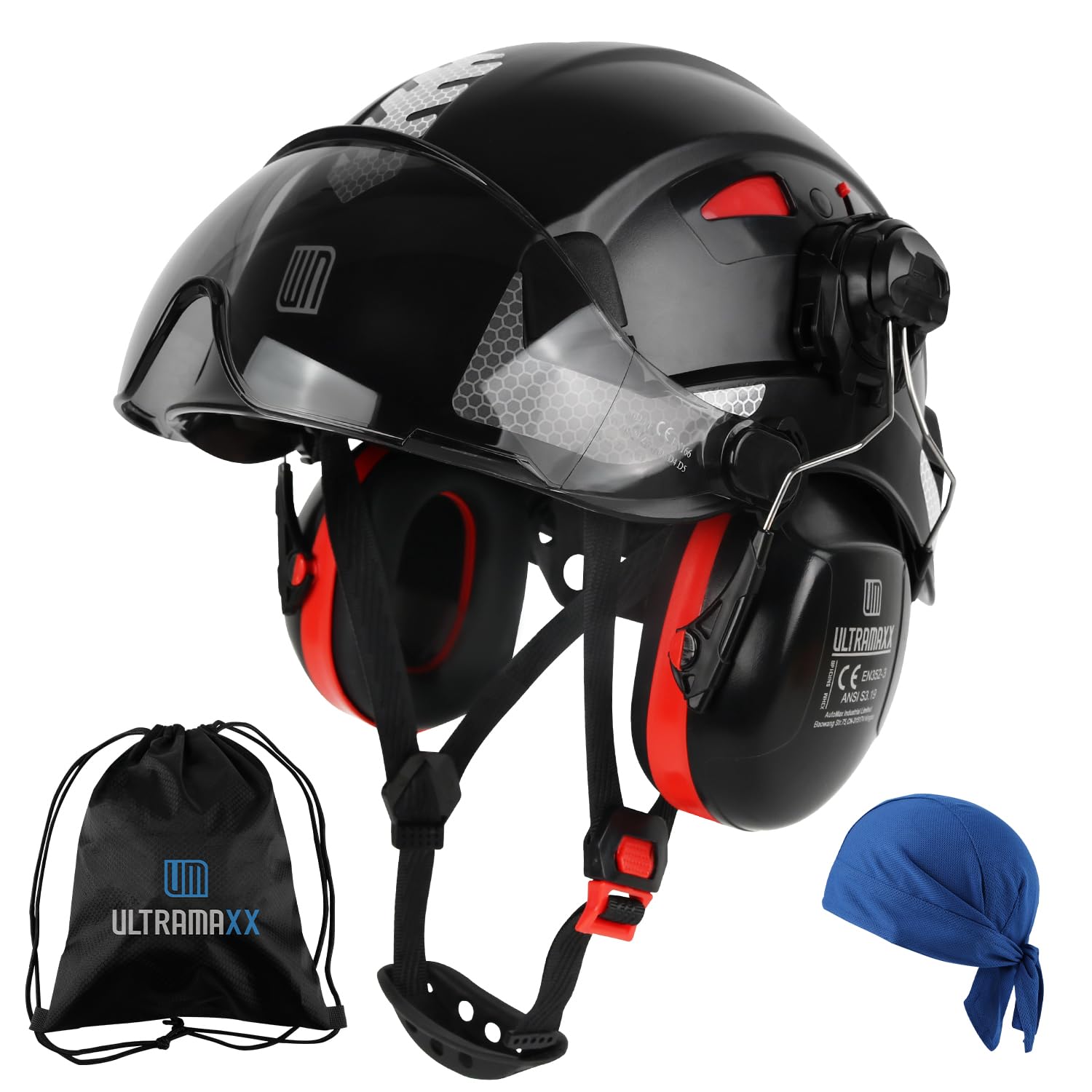UM ULTRAMAXX Safety Helmet Hard Hat and Ear Protection, ANSI Z89.1 Approved Lightweight Vented Work Helmet Kits, 6-Point Suspension Hardhat Ideal for